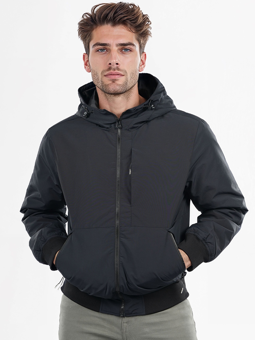 

Celio Men Hooded Solid Cotton Casual Bomber Lightweight Jacket, Black