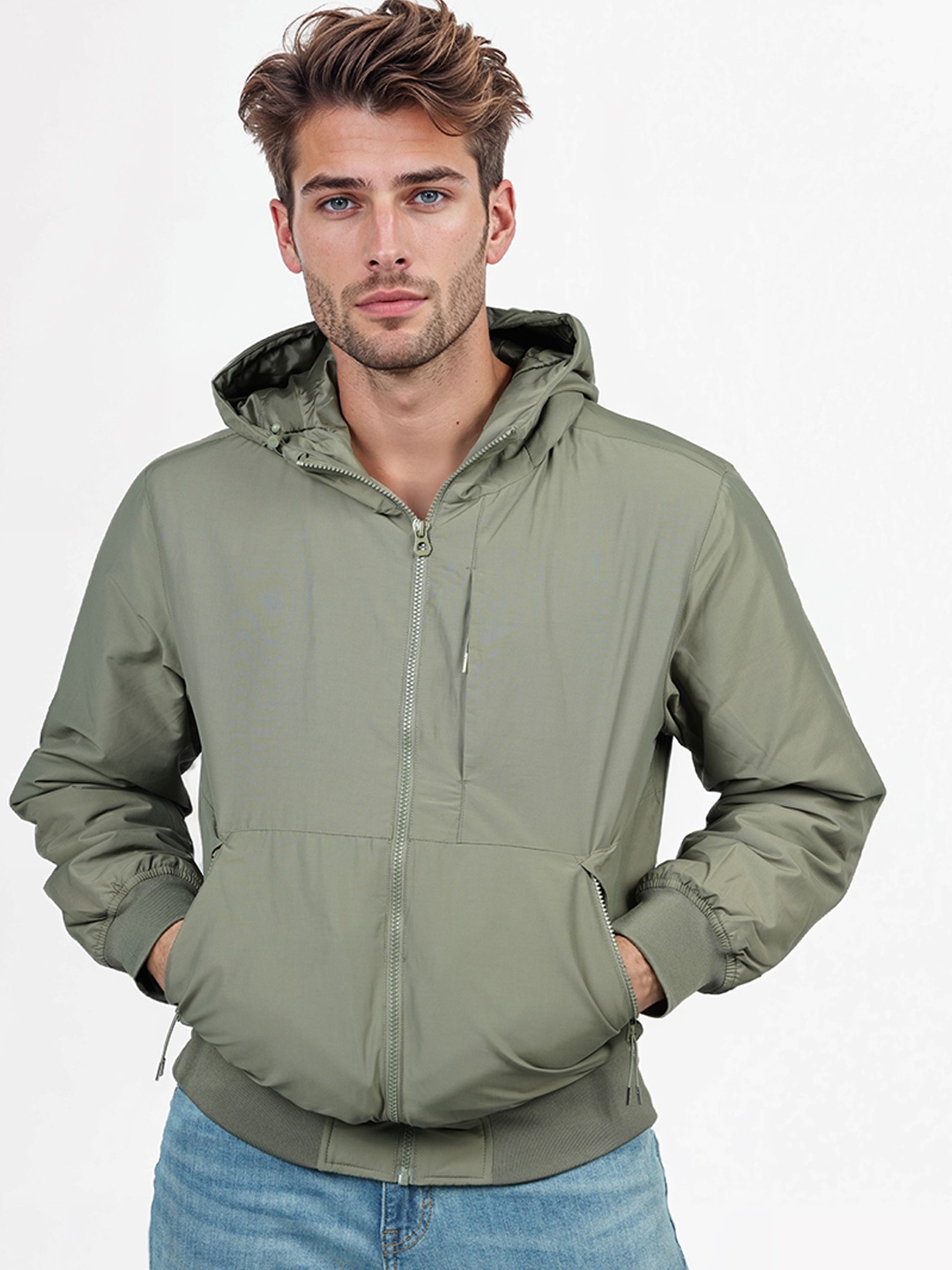 

Celio Men Hooded Solid Cotton Casual Lightweight Bomber Jacket, Green