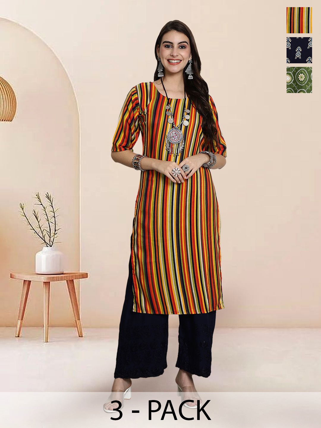 

7Threads Selection of 3 Striped Printed Round Neck Straight Kurtas, Red