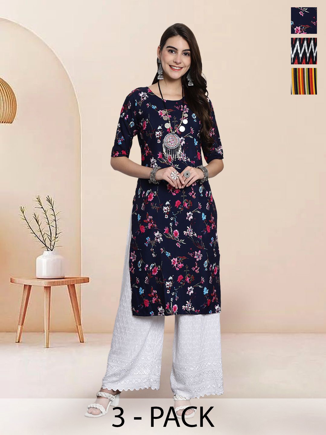 

7Threads Selection Of 3 Floral Printed Round Neck Straight Kurtas, Navy blue