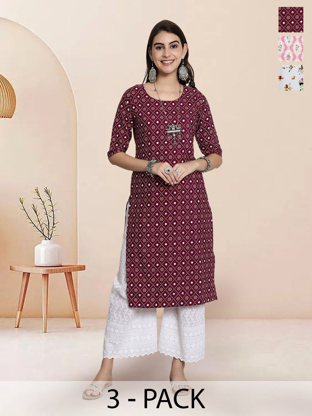 

7Threads Selection Of 3 Ethnic Motifs Printed Round Neck Straight Kurtas, Maroon