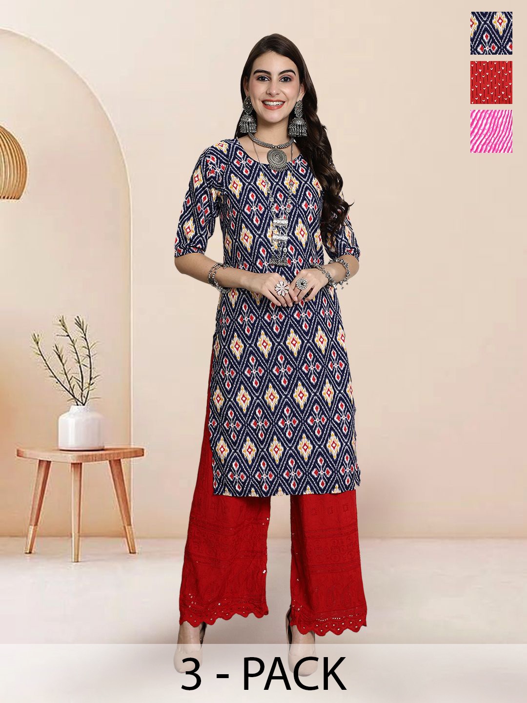 

7Threads Selection Of 3 Floral Printed Round Neck Straight Kurtas, Navy blue