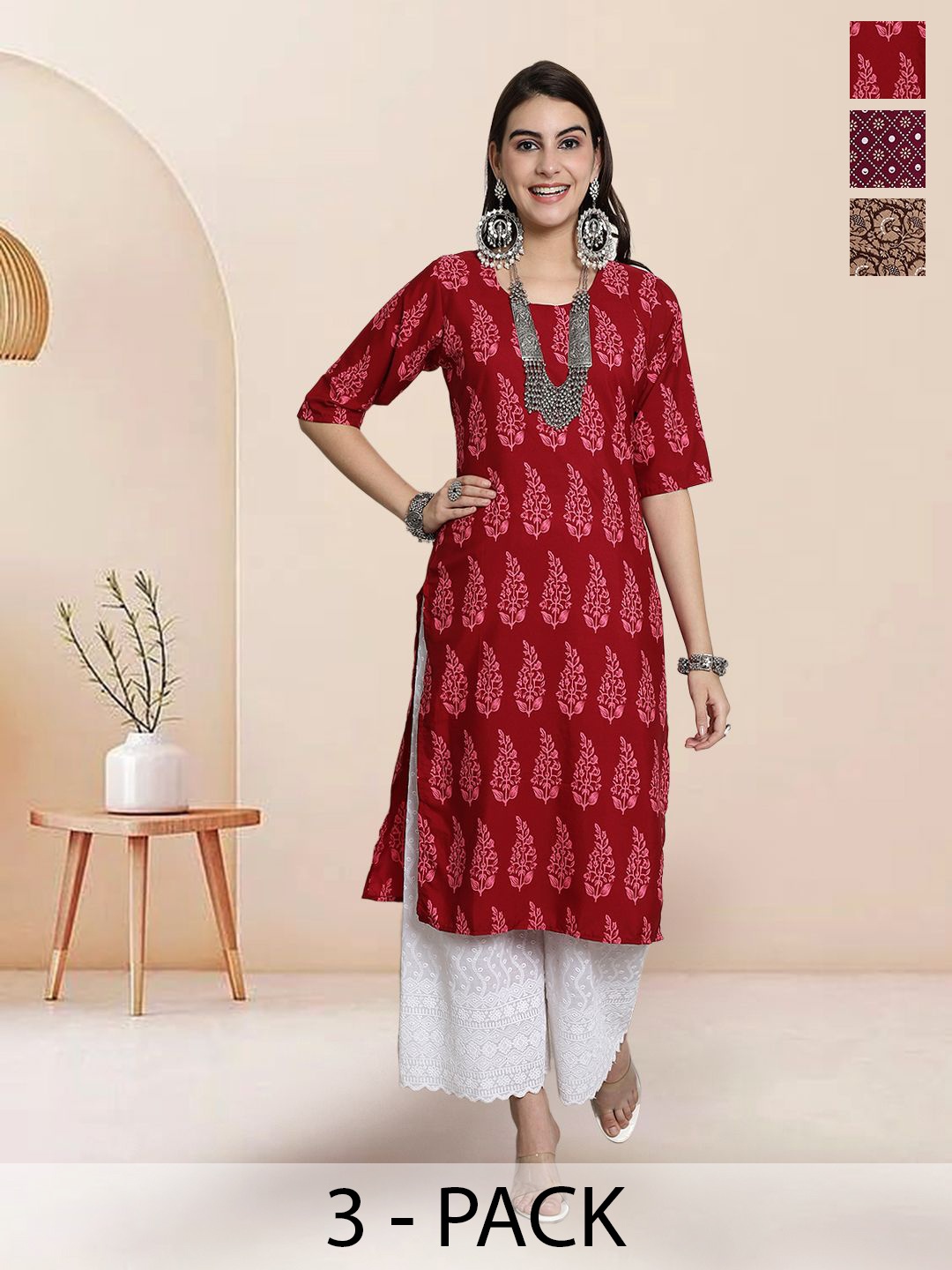 

7Threads Selection Of 3 Floral Printed Round Neck Straight Kurtas, Red