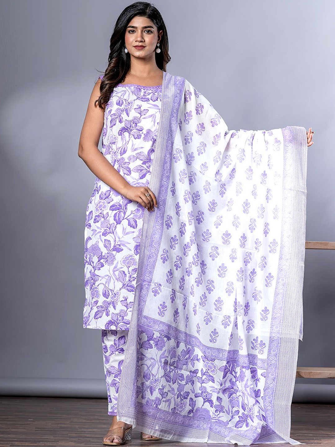 

KALINI Floral Printed Round Neck Pure Cotton Straight Kurta with Trousers And Dupatta, Purple