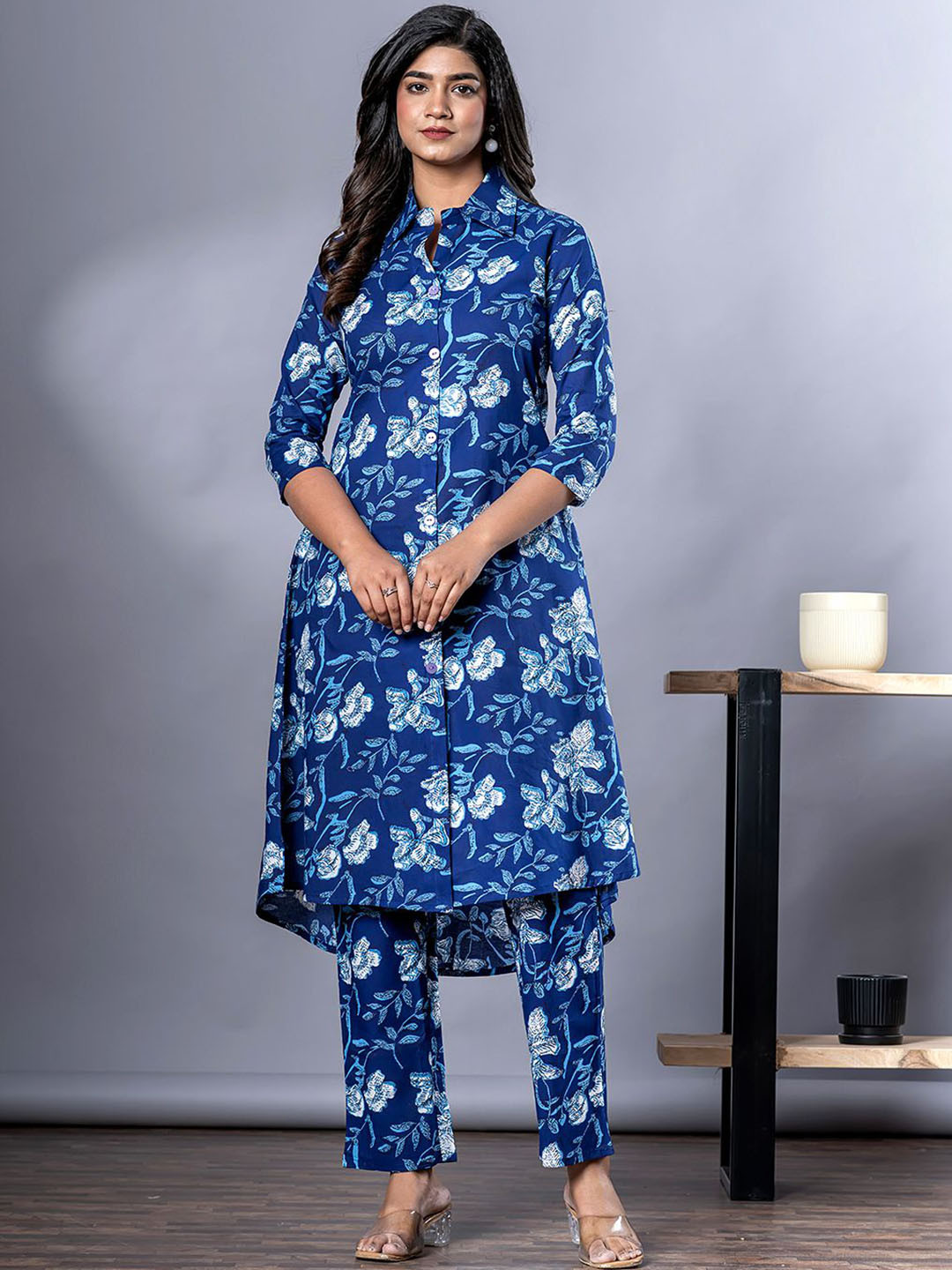 

KALINI Floral Printed Shirt Collar Pure Cotton Tunic With Trouser, Blue
