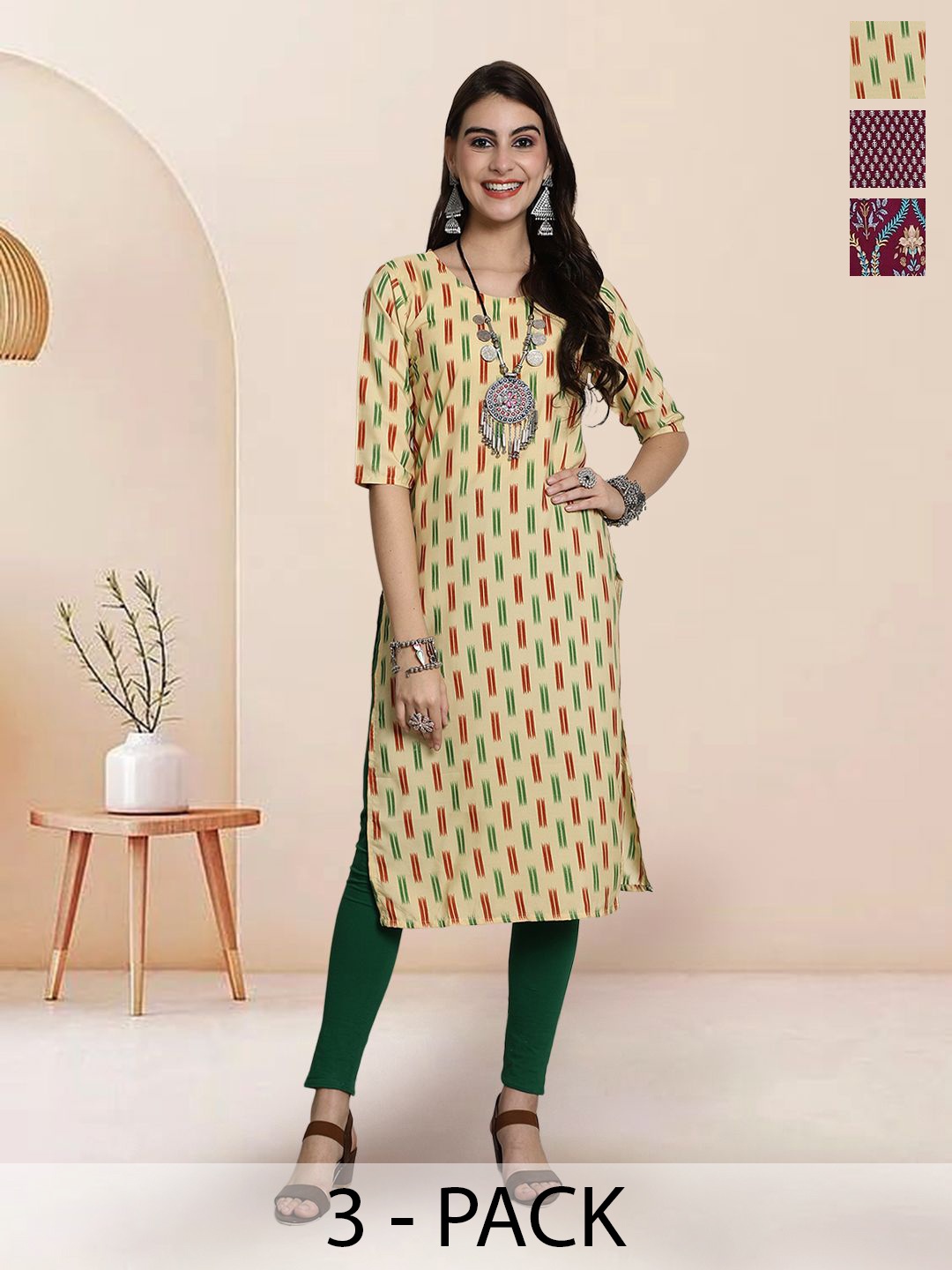 

7Threads Selection Of 3 Abstract Printed Round Neck Straight Kurtas, Yellow