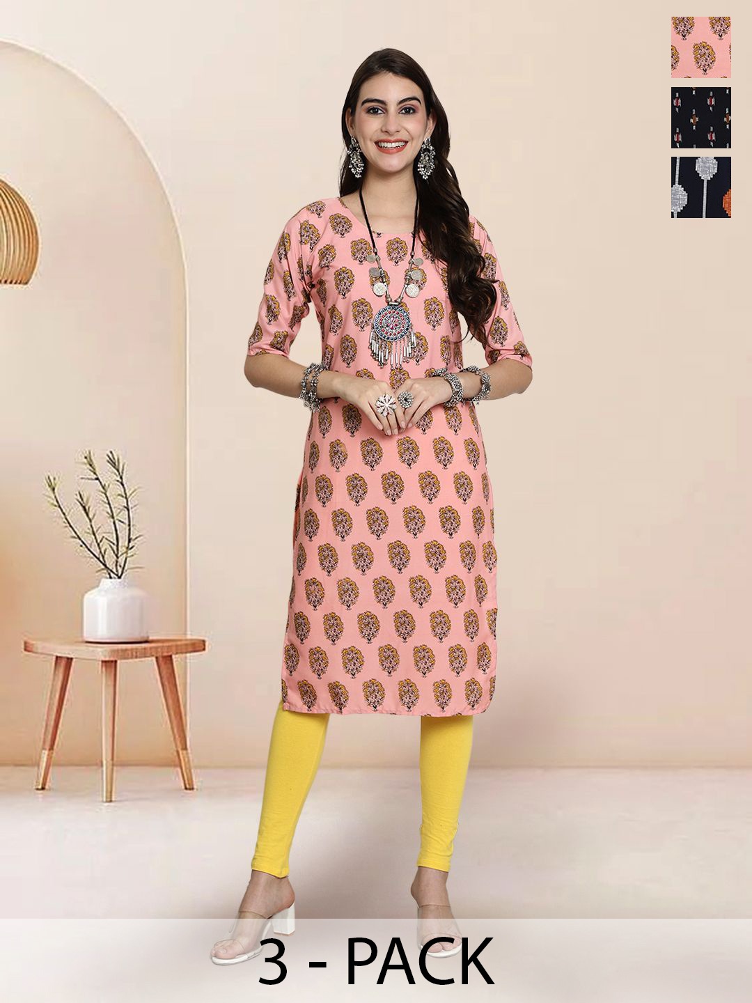 

7Threads Selection Of 3 Ethnic Motifs Printed Straight Kurtas, Pink