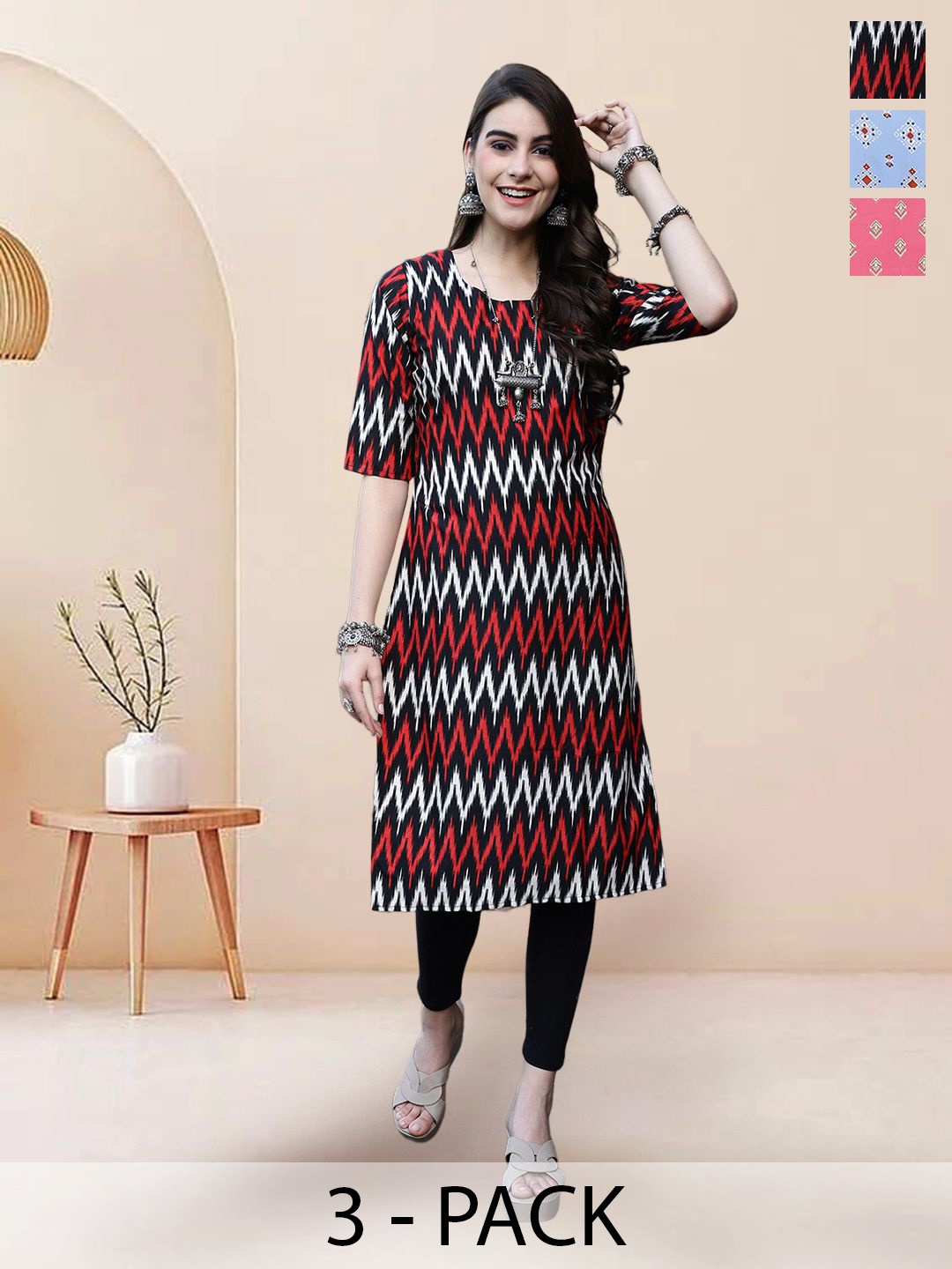 

7Threads Selection Of 3 Chevron Printed Straight Kurtas, Black