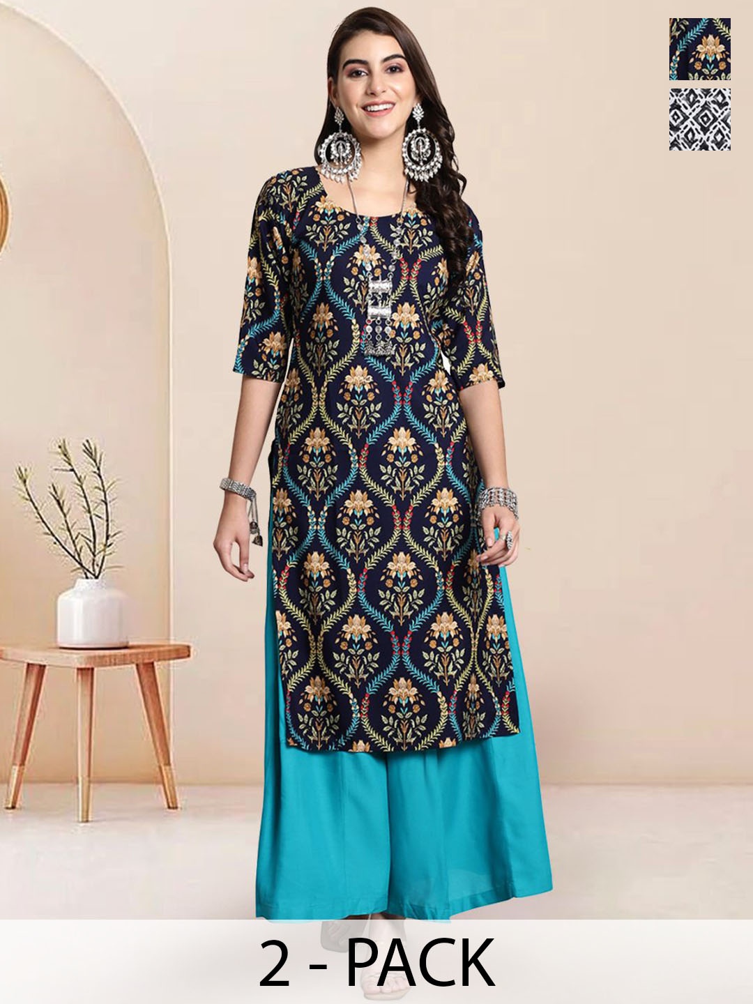 

7Threads Selection Of 2 Ethnic Motifs Printed Round Neck Straight Kurtas, Black