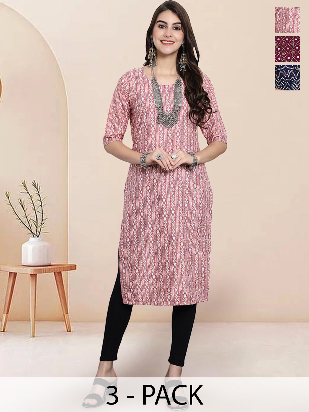 

7Threads Selection Of 3 Geometric Printed Round Neck Straight Kurtas, Pink