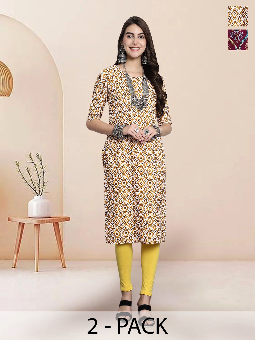 

7Threads Selection Of 2 Geometric Printed Round Neck Straight Kurtas, White