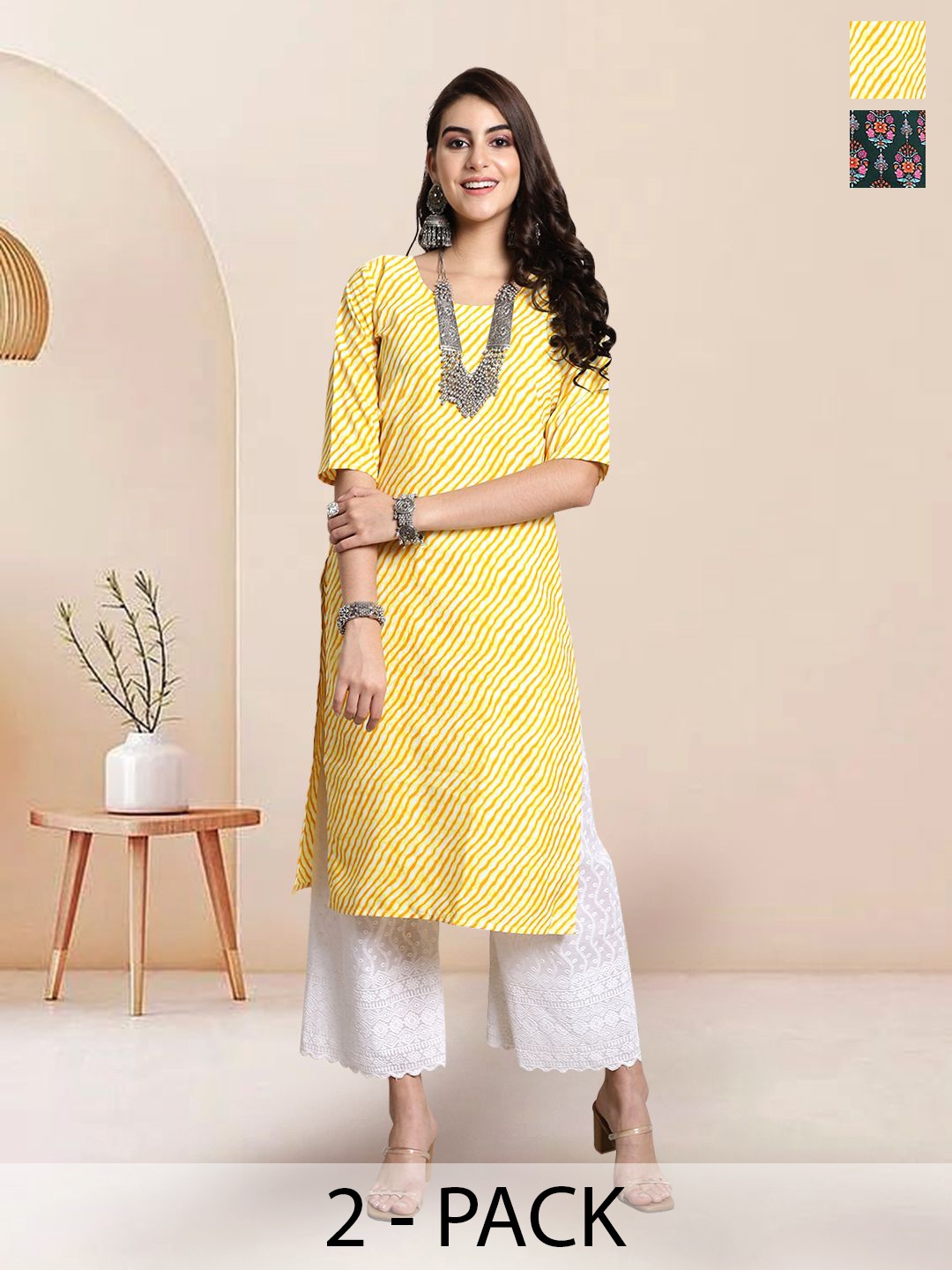 

7Threads Selection of 2 Leheriya Printed Round Neck Straight Kurtas, White