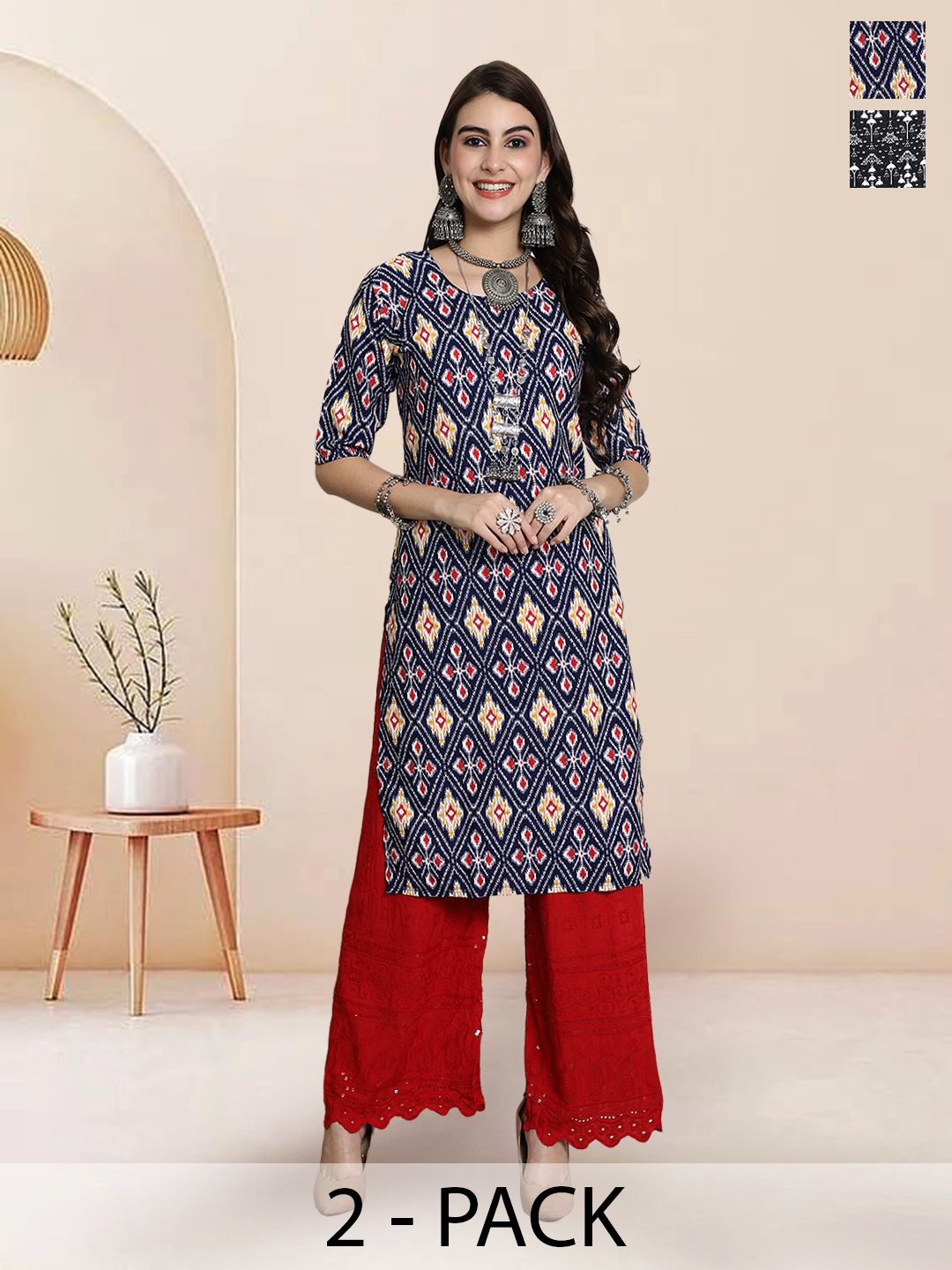 

7Threads Selection Of 2 Ethnic Motifs Printed Round Neck Straight Kurtas, Blue