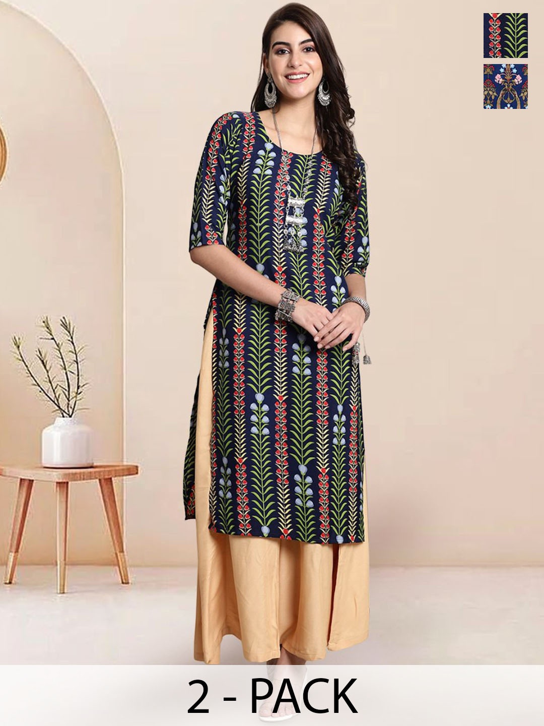 

7Threads Selection Of 2 Floral Printed Round Neck Straight Kurtas, Black