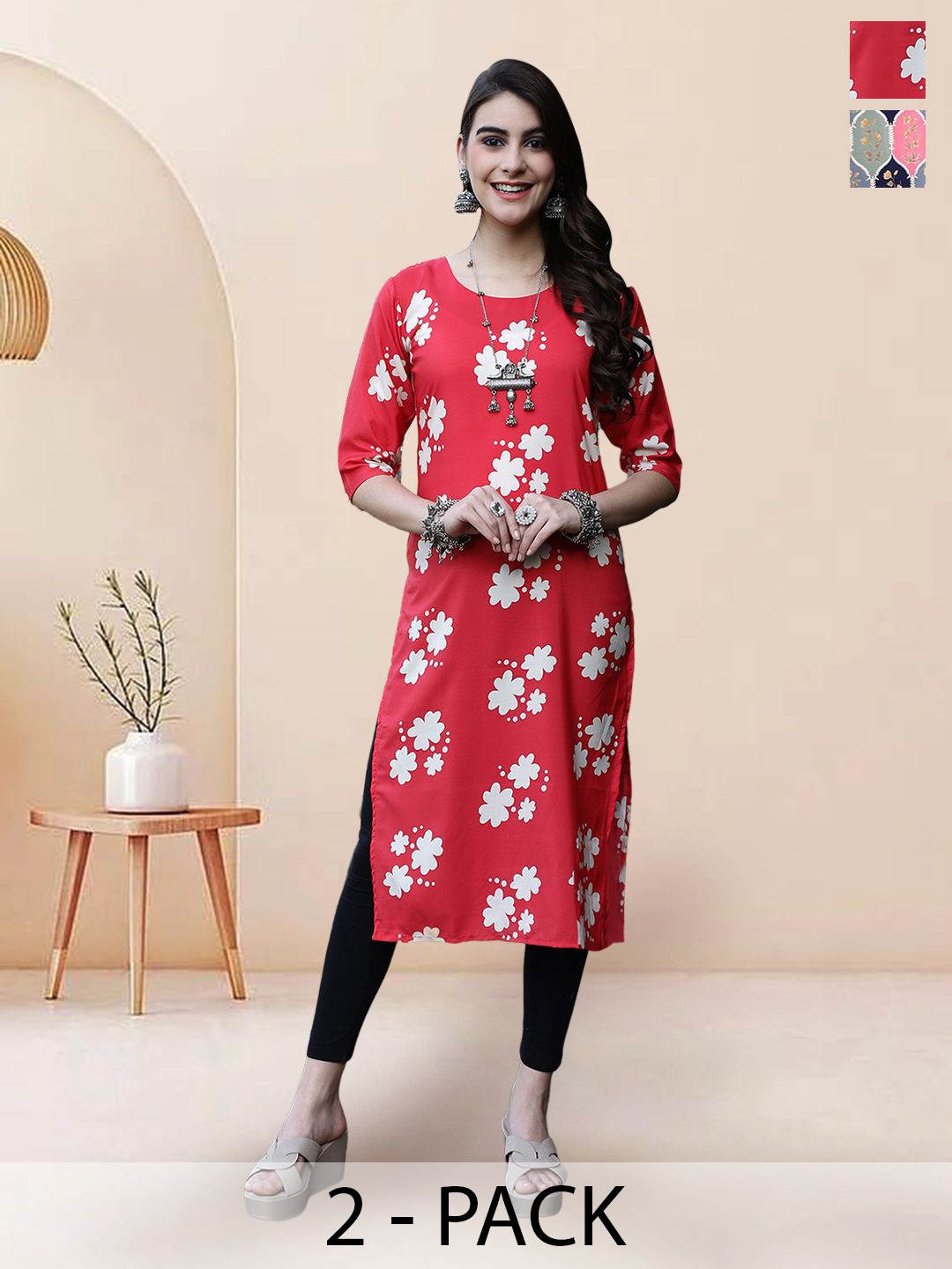 

7Threads Selection Of 2 Floral Printed Round Neck Straight Kurtas, Red