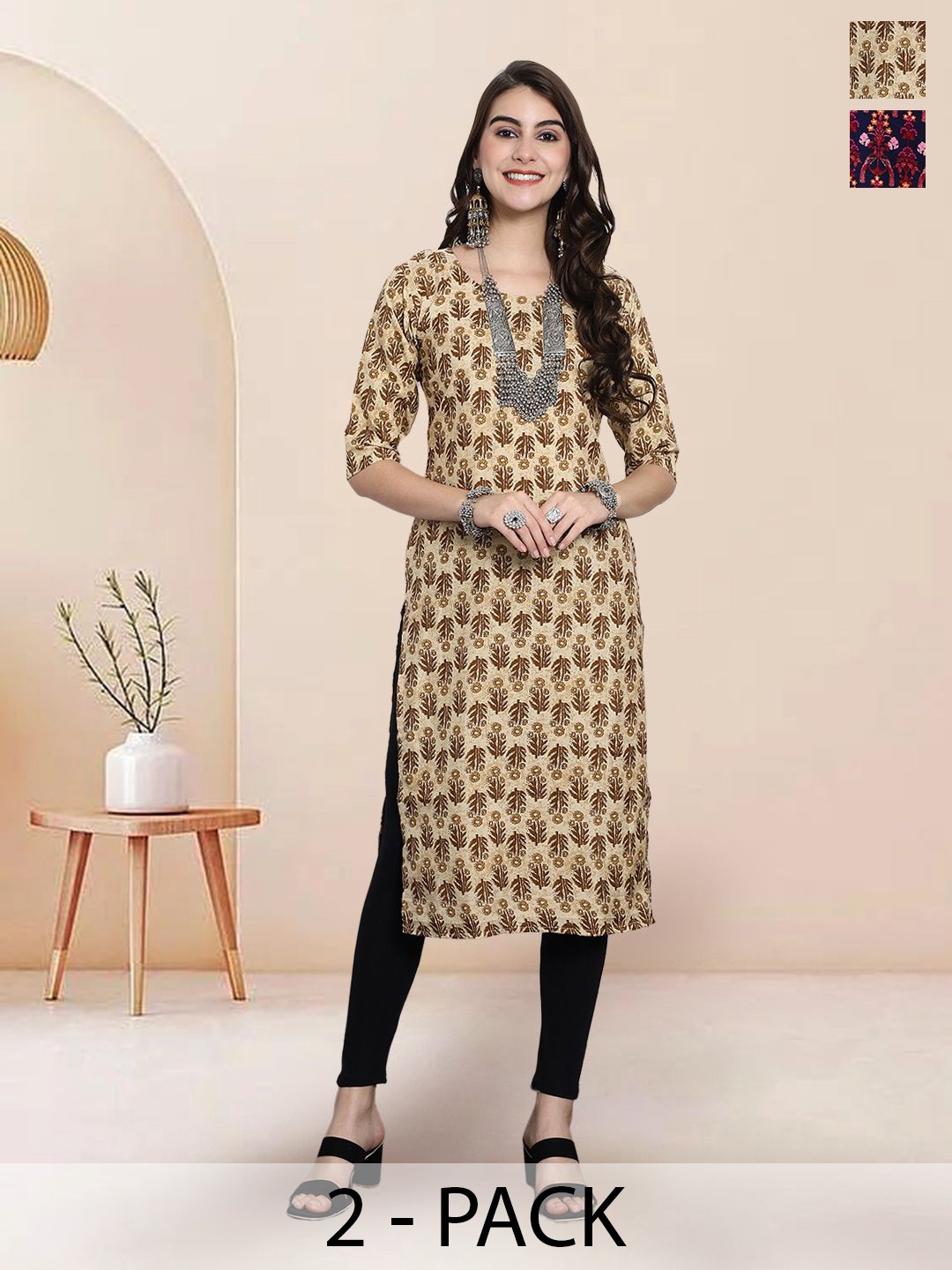 

7Threads Selection Of 2 Floral Printed Round Neck Kurtas, Beige