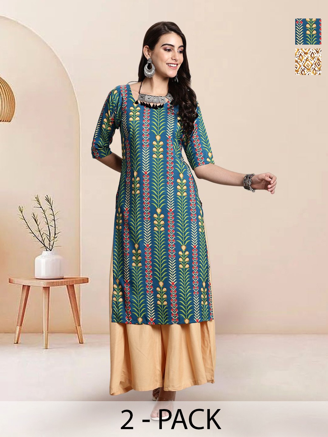 

7Threads Selection Of 2 Floral Printed Round Neck Straight Kurtas, Blue