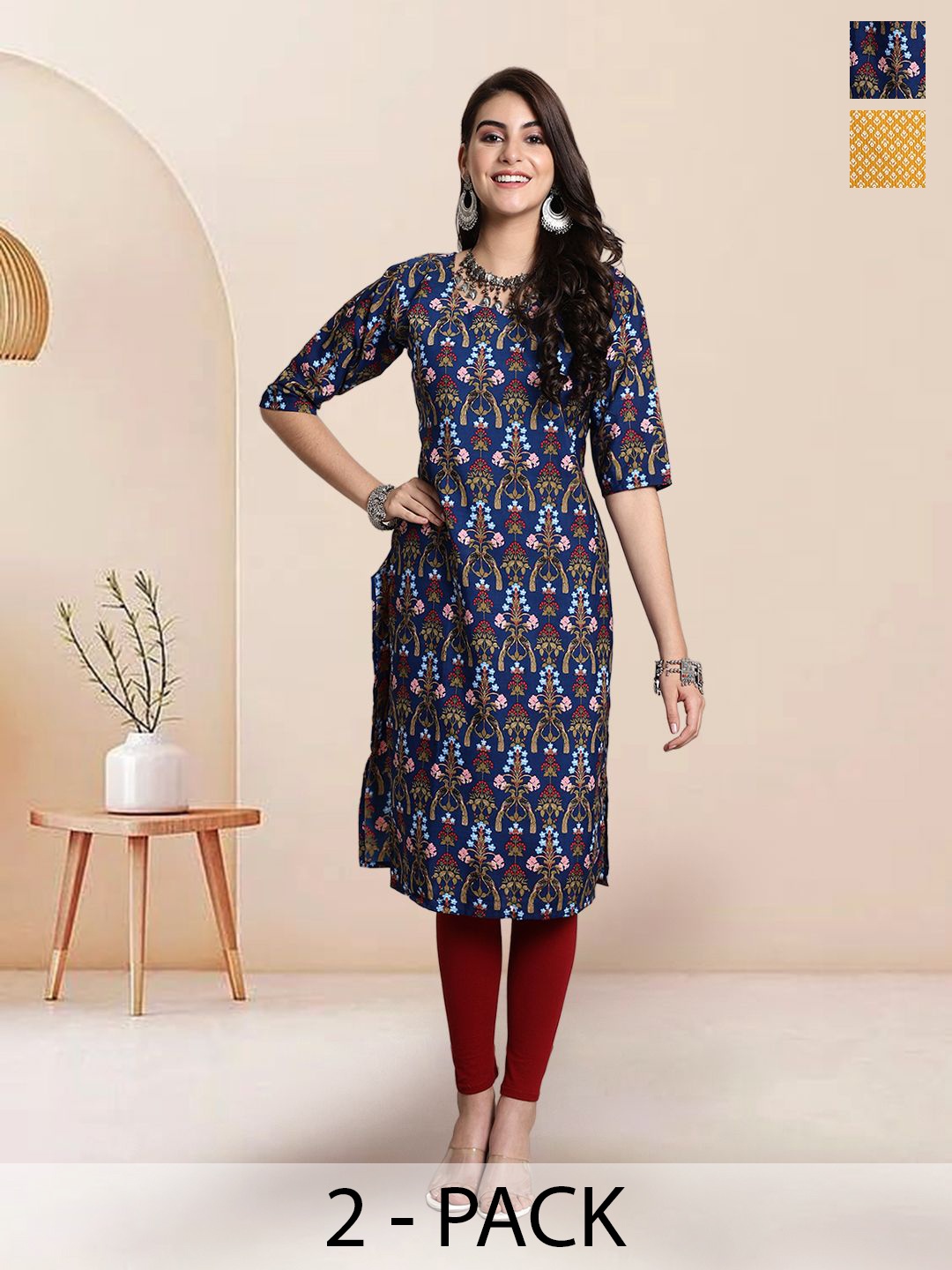 

7Threads Selection Of 2 Ethnic Motifs Printed Round Neck Straight Kurtas, Blue