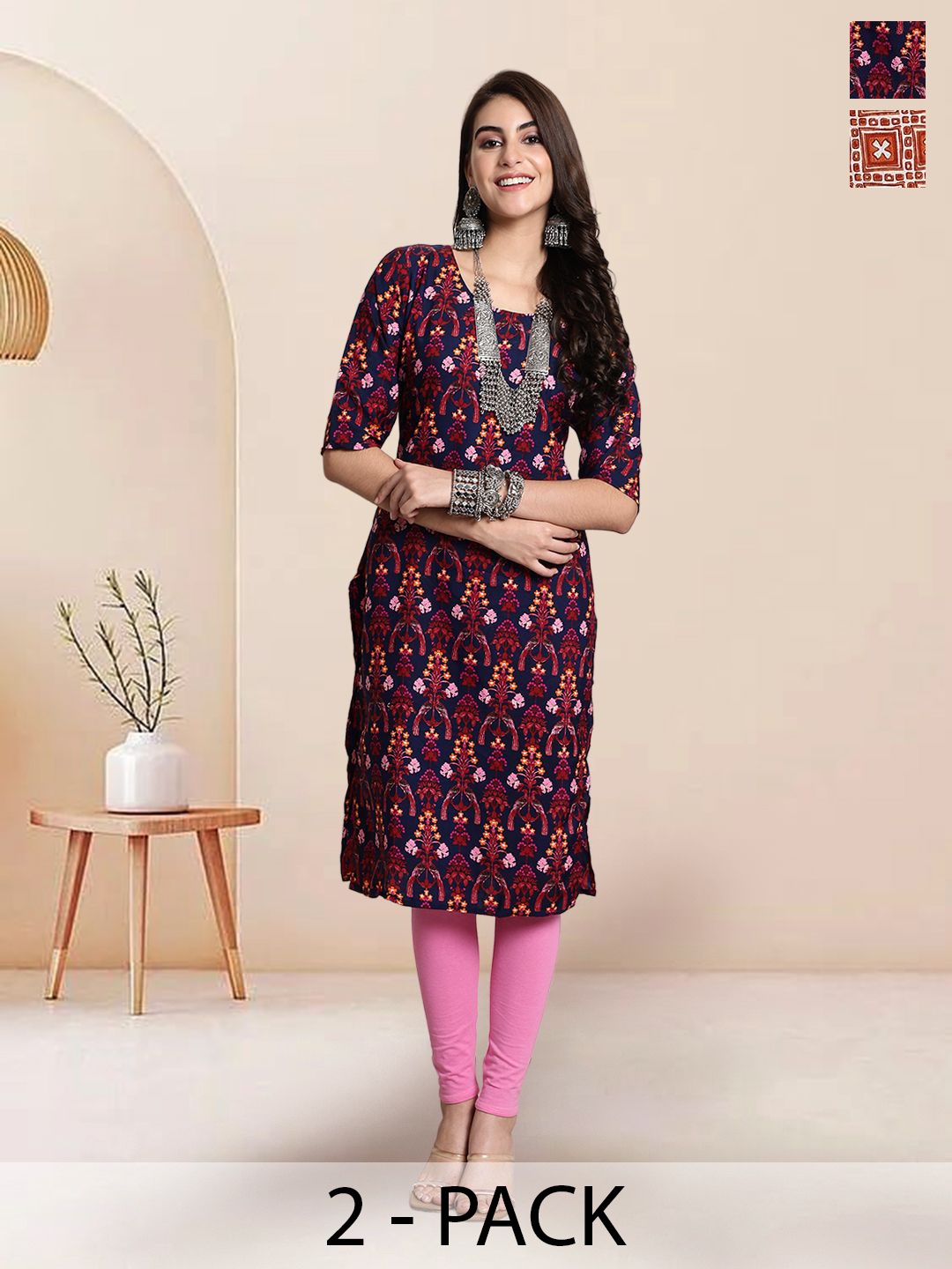 

7Threads Selection Of 2 Floral Printed Round Neck Straight Kurtas, Navy blue