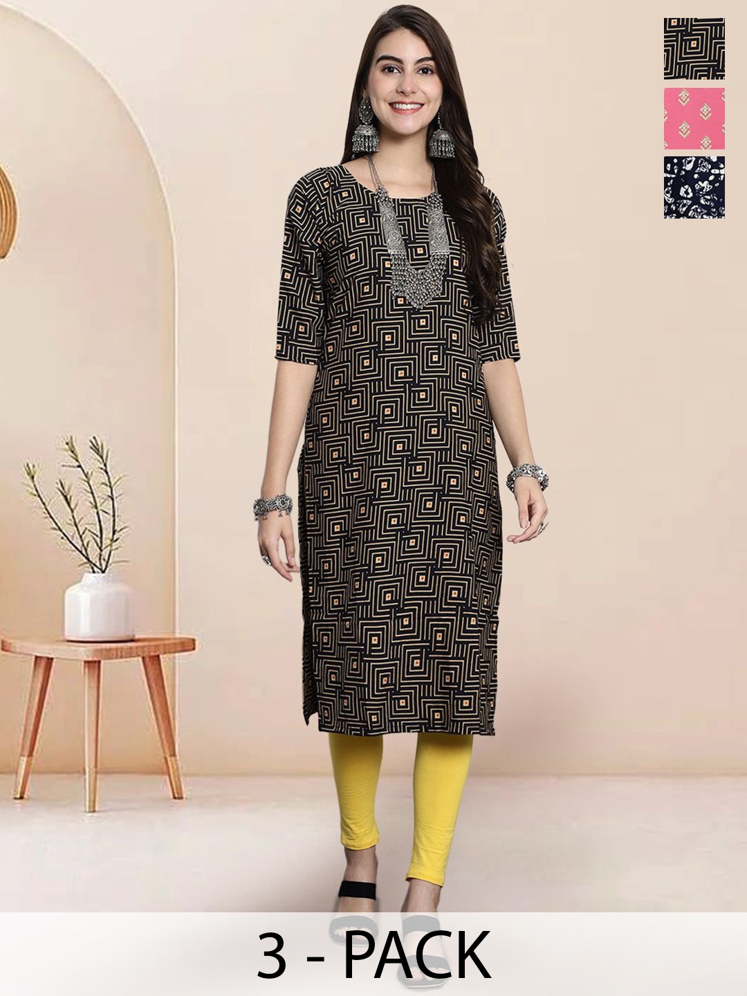 

7Threads Selection Of 3 Geometric Printed Round Neck Straight Kurtas, Black