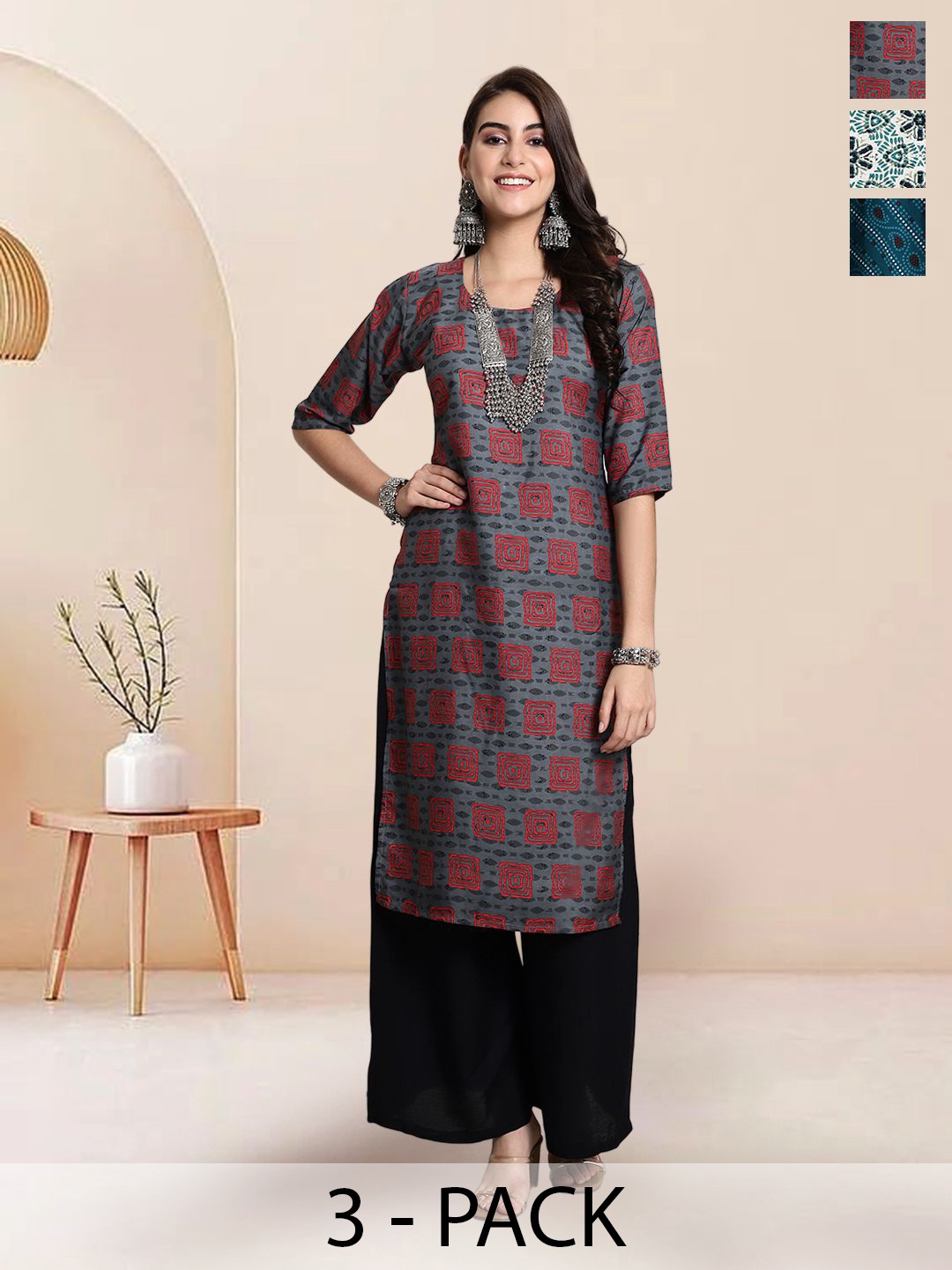 

7Threads Selection Of 3 Geometric Printed Round Neck Kurtas, Grey