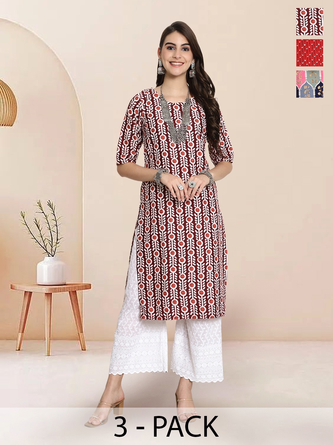 

7Threads Selection Of 3 Floral Printed Round Neck Straight Kurtas, Red