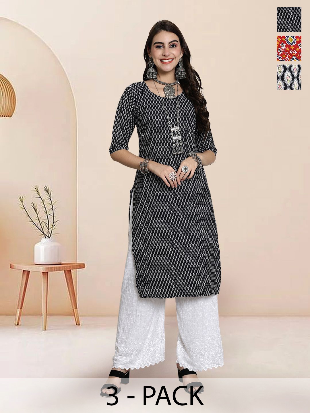 

7Threads Selection Of 3 Floral Printed Round Neck Straight Kurtas, Black