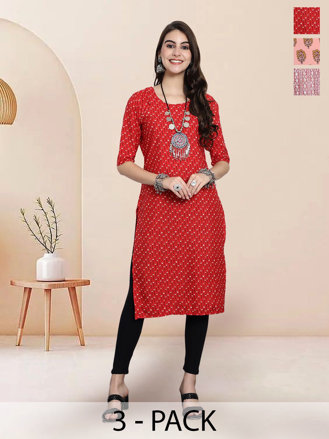 

7Threads Selection Of 3 Micro And Ditsy Printed Round Neck Straight Kurtas, Red