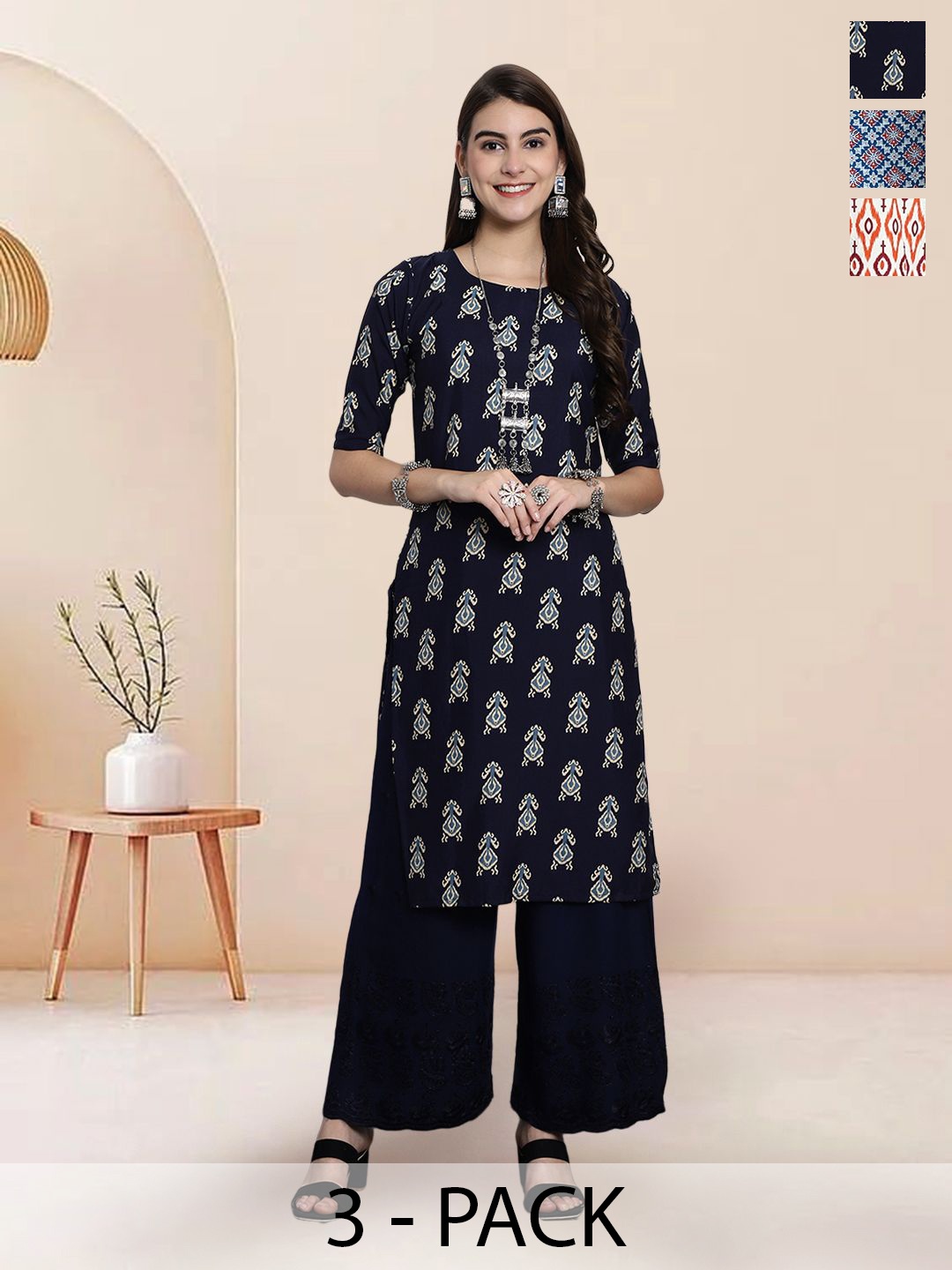 

7Threads Selection Of 3 Ethnic Motifs Round Neck Straight Kurtas, White