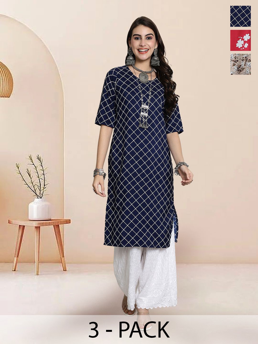 

7Threads Selection Of 3 Geometric Printed Straight Kurtas, Navy blue