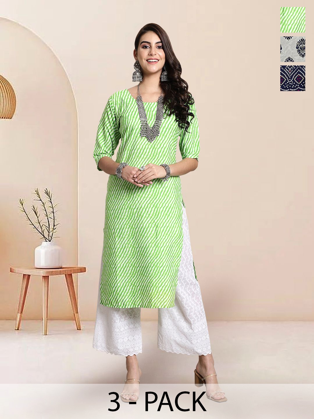 

7Threads Selection Of 3 Leheriya Printed Round Neck Straight Kurtas, Green