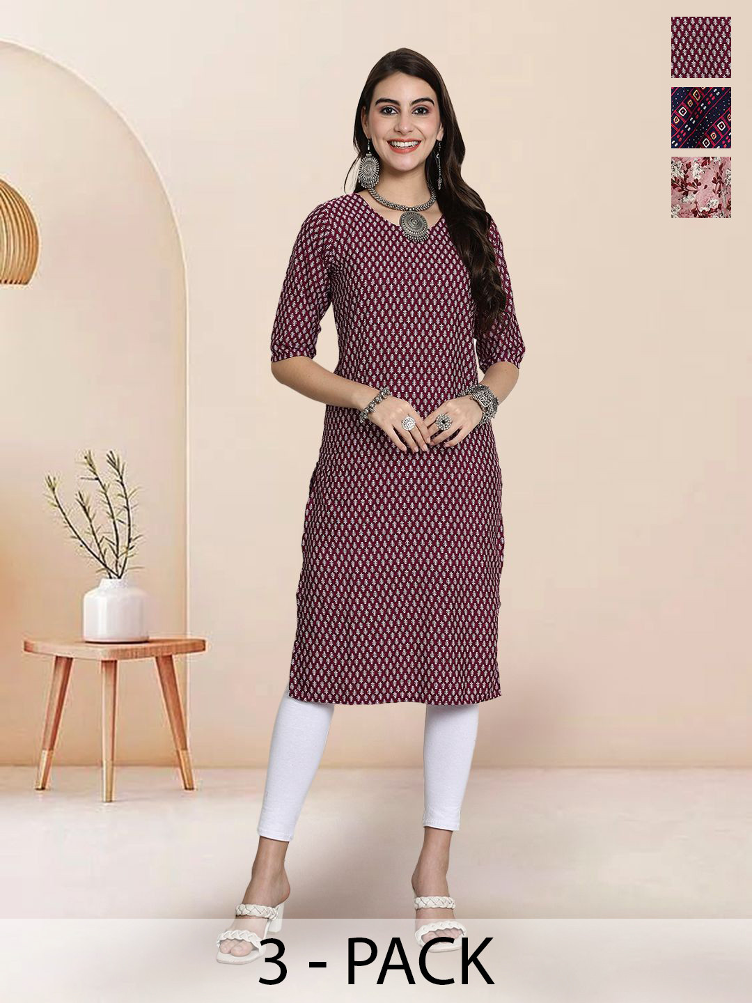 

7Threads Selection Of 3 Ethnic Motifs Printed Round Neck Straight Kurtas, Maroon