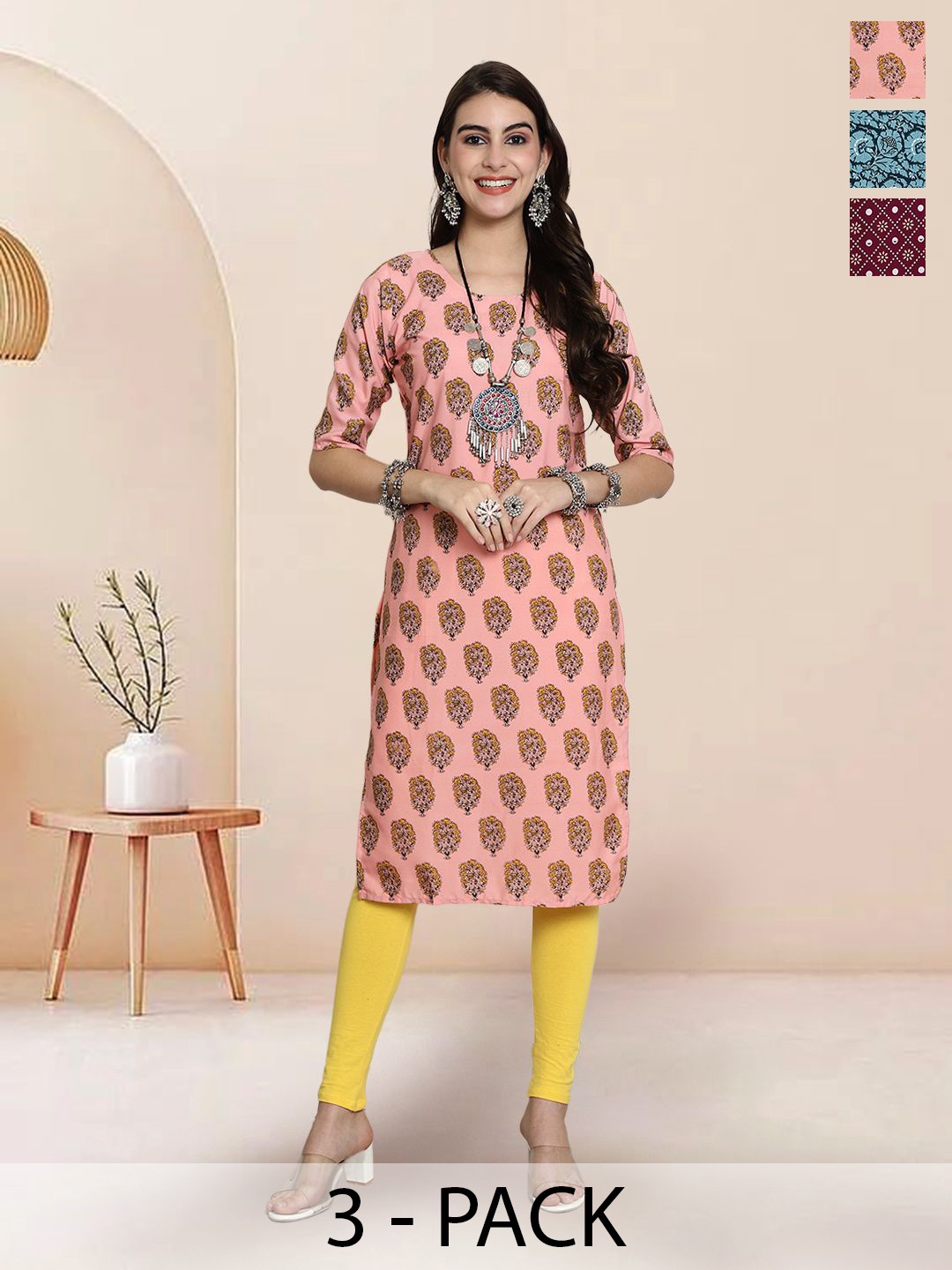 

7Threads Selection Of 3 Floral Printed Round Neck Straight Kurtas, Peach