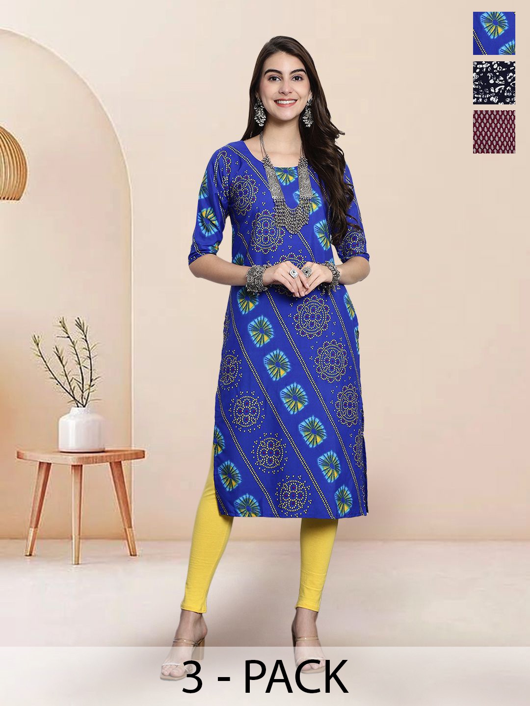 

7Threads Selection Of 3 Ethnic Motifs Printed Round Neck Straight Kurtas, Blue