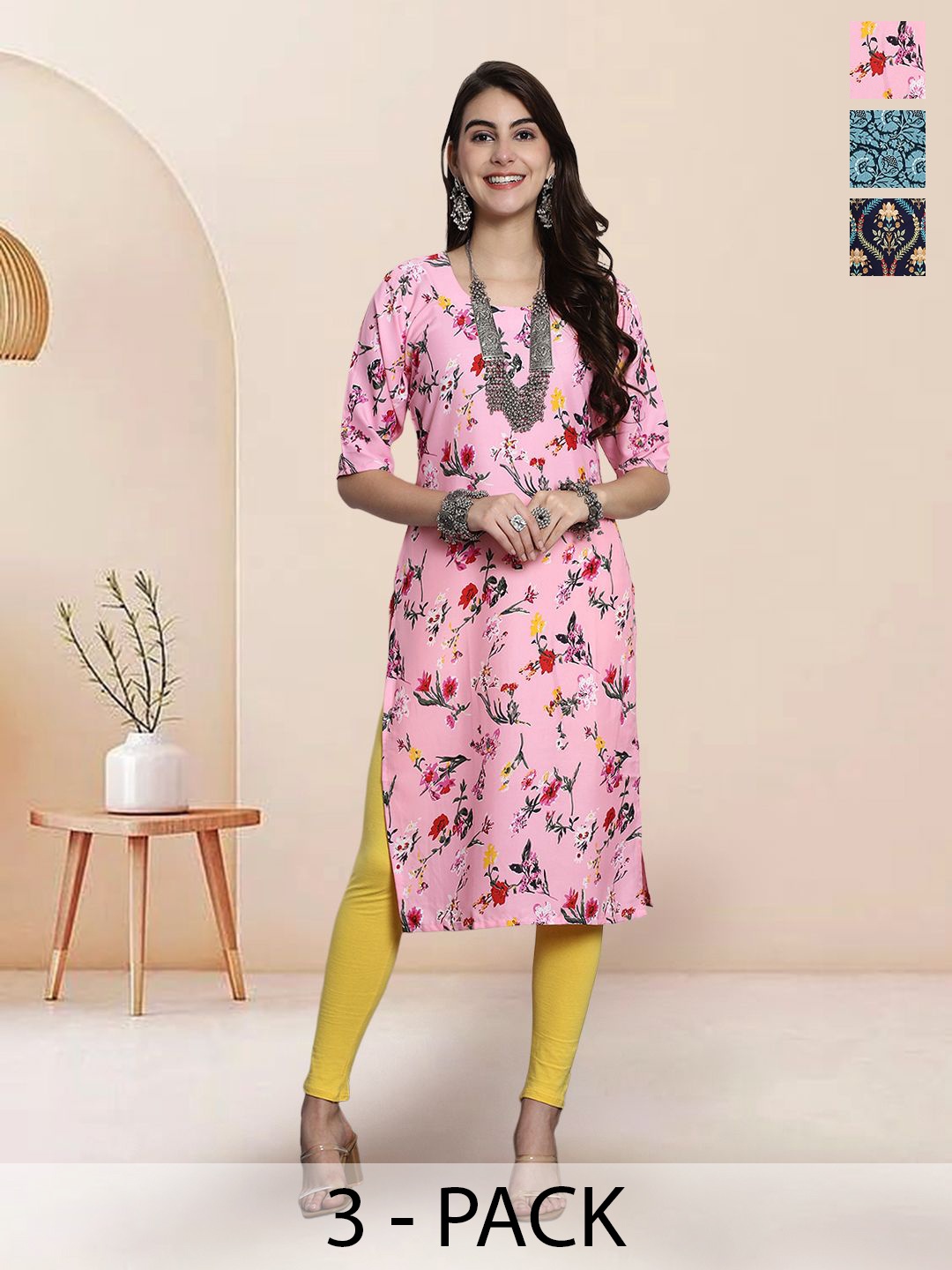 

7Threads Selection Of 3 Floral Printed Round Neck Straight Kurtas, Pink