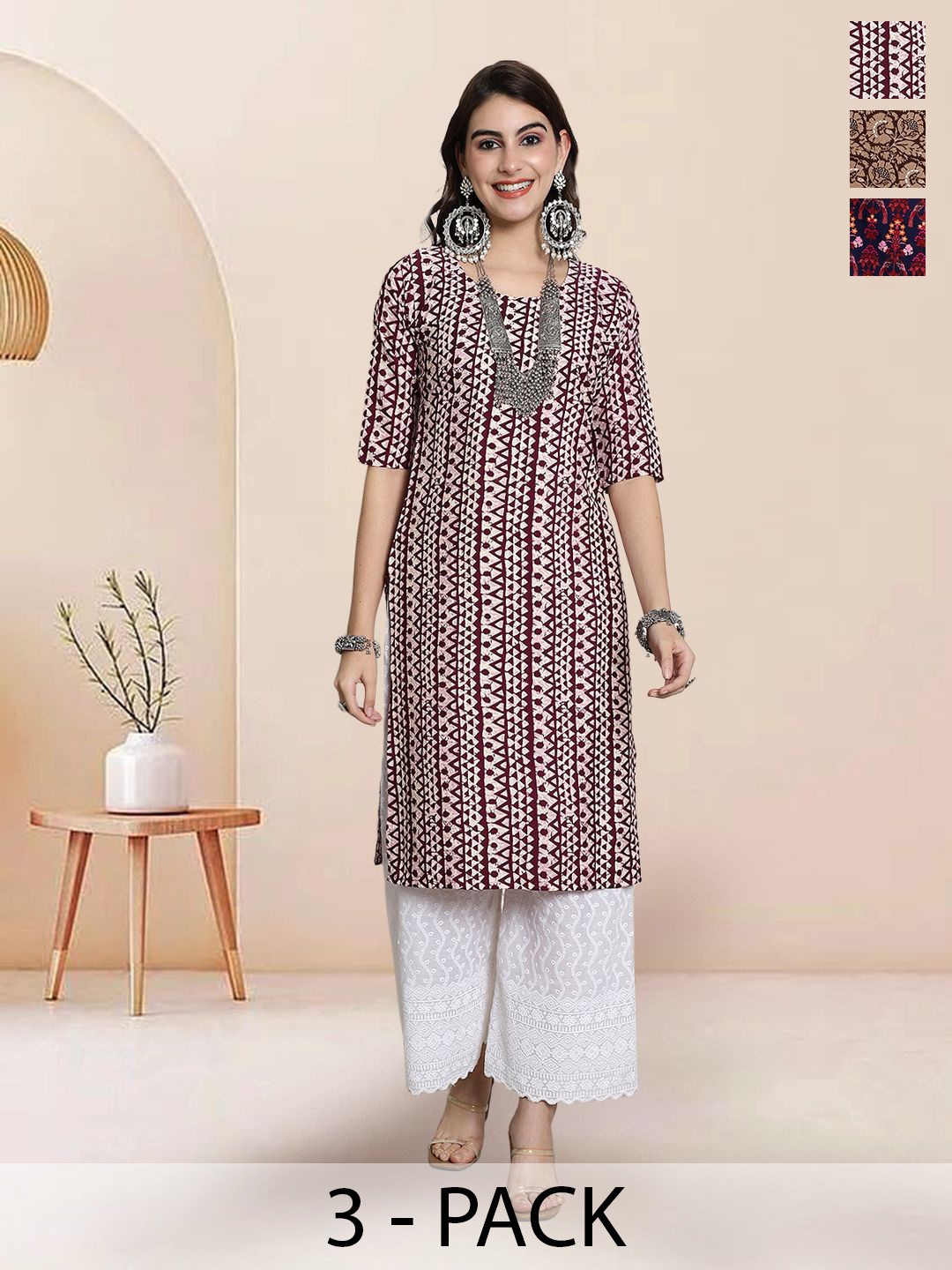 

7Threads Selection Of 3 Geometric Printed Round Neck Straight Kurtas, Maroon