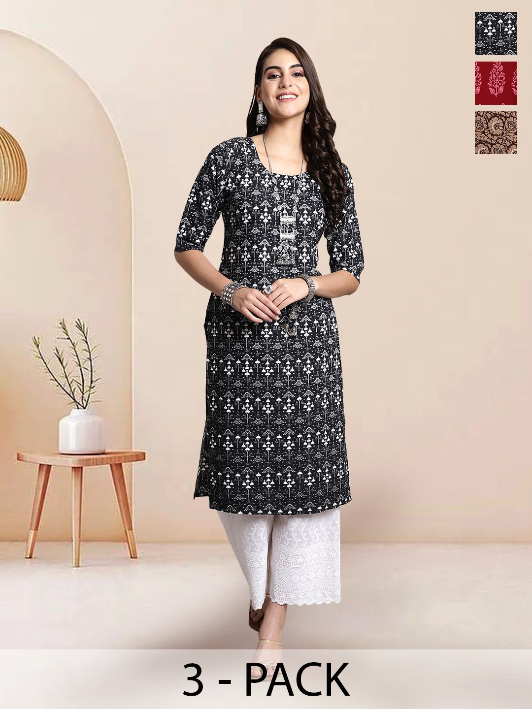 

7Threads Selection Of 3 Ethnic Motifs Printed Round Neck Straight Kurtas, Black