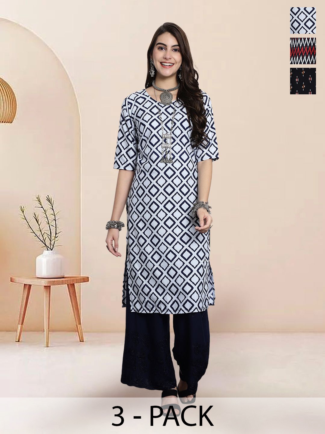 

7Threads Selection Of 3 Geometric Printed Straight Kurtas, White