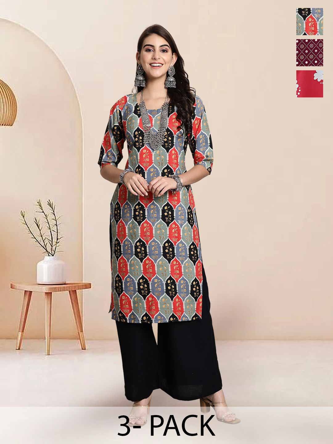 

7Threads Selection Of 3 Ethnic Motifs Printed Round Neck Straight Kurtas, Black