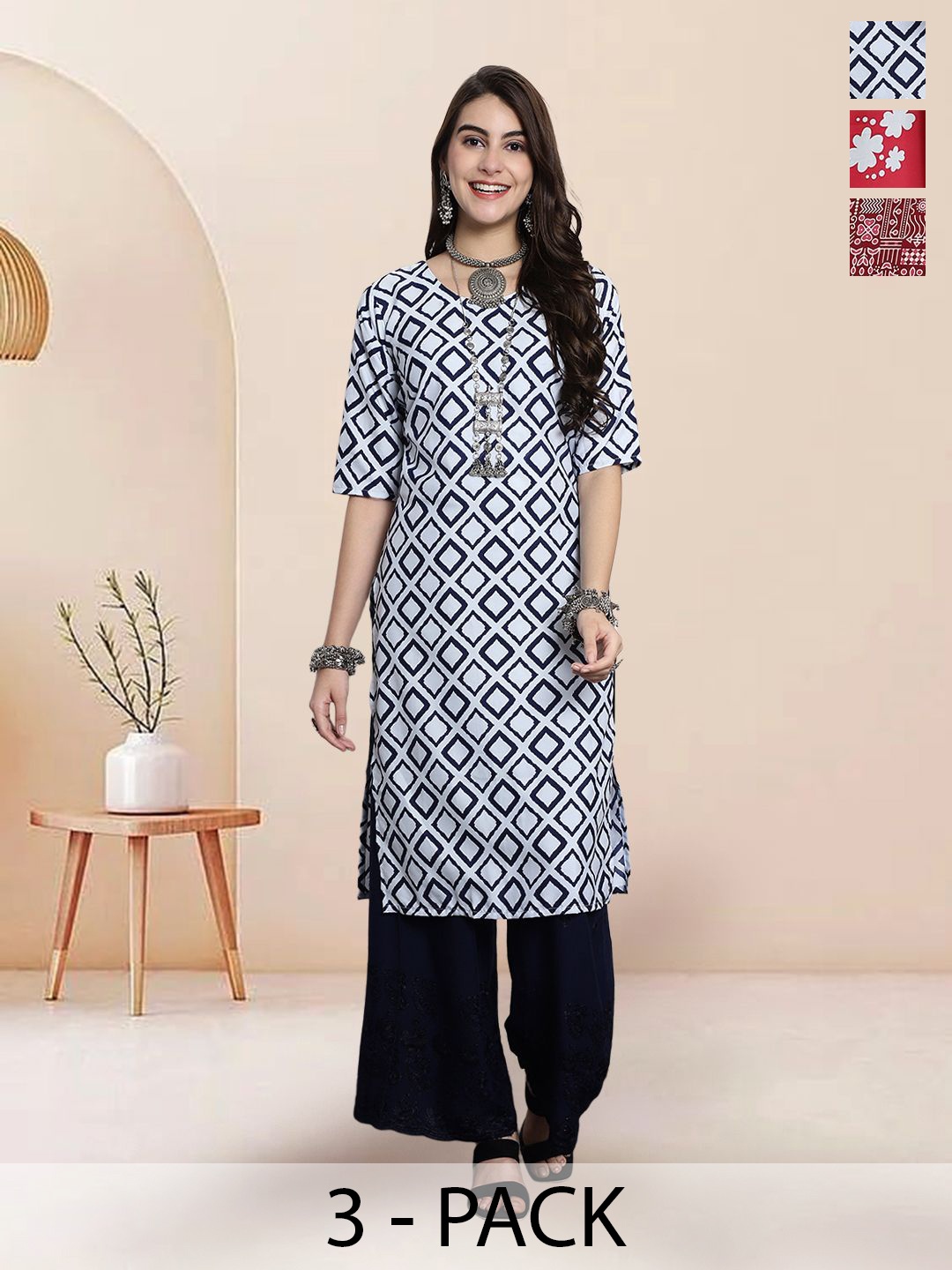 

7Threads Selection Of 3 Geometric Printed Round Neck Straight Kurtas, White