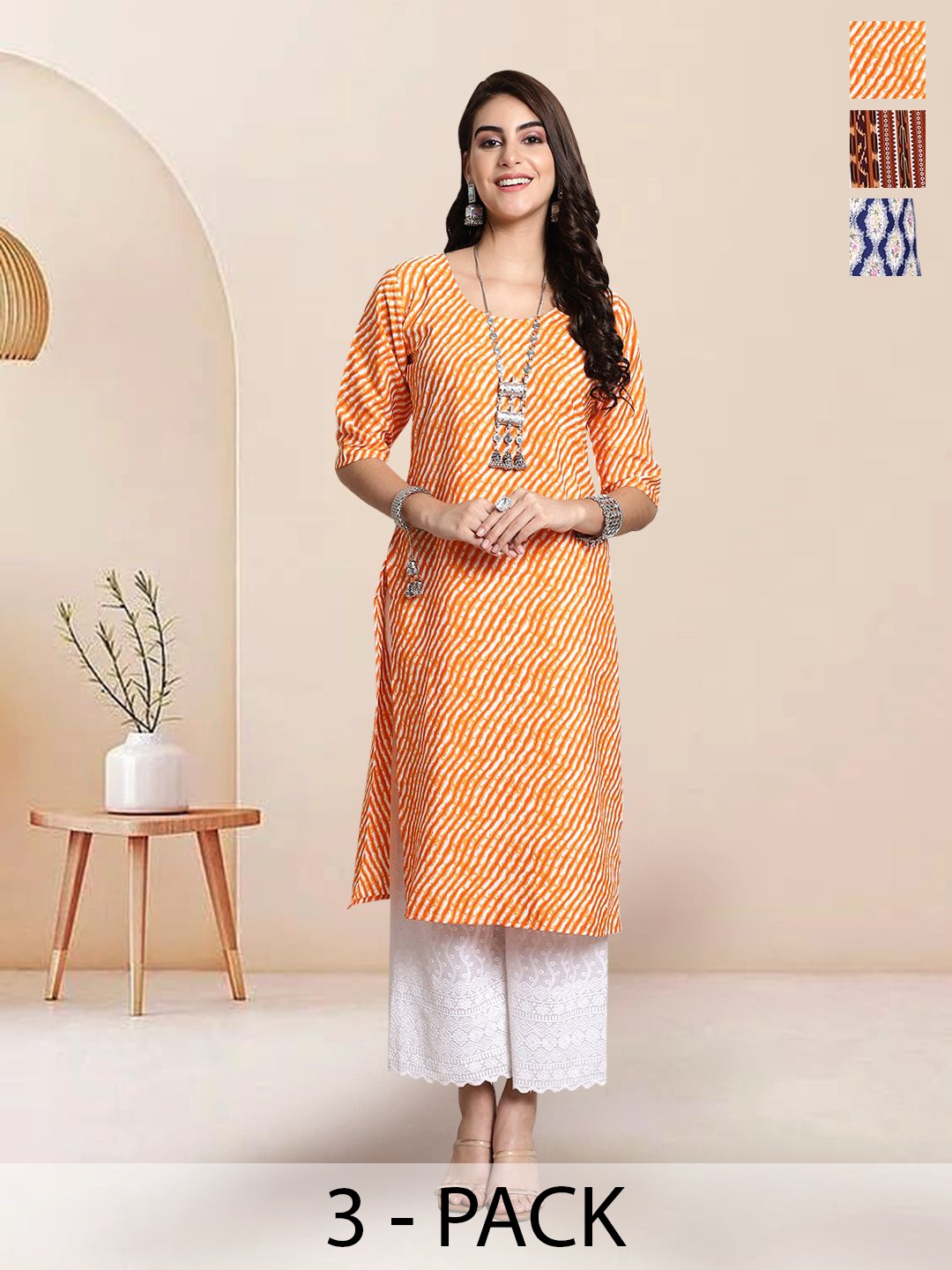 

7Threads Selection Of 3 Leheriya Printed Straight Kurtas, Orange