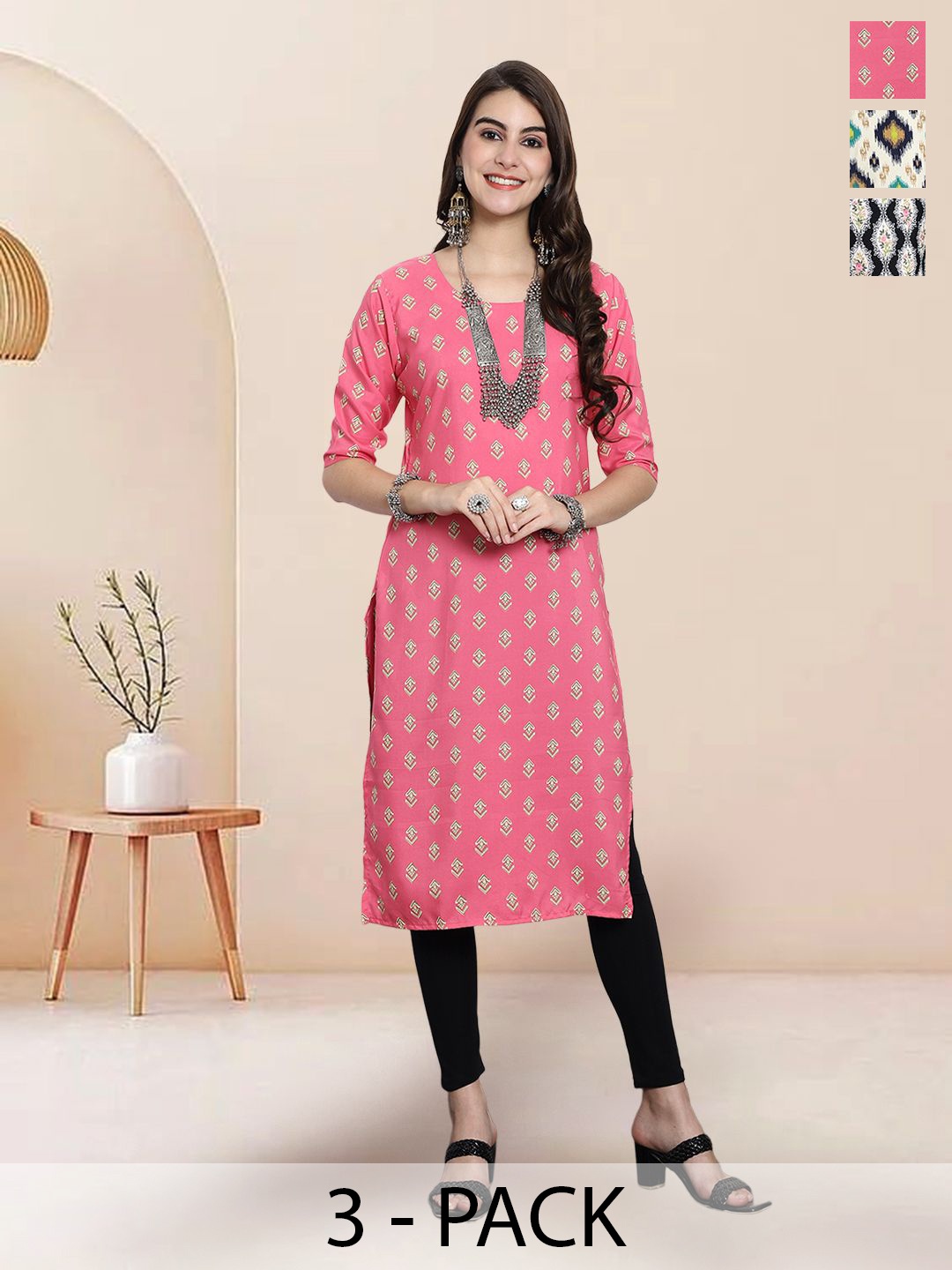 

7Threads Selection Of 3 Floral Printed Round Neck Straight Kurtas, Peach