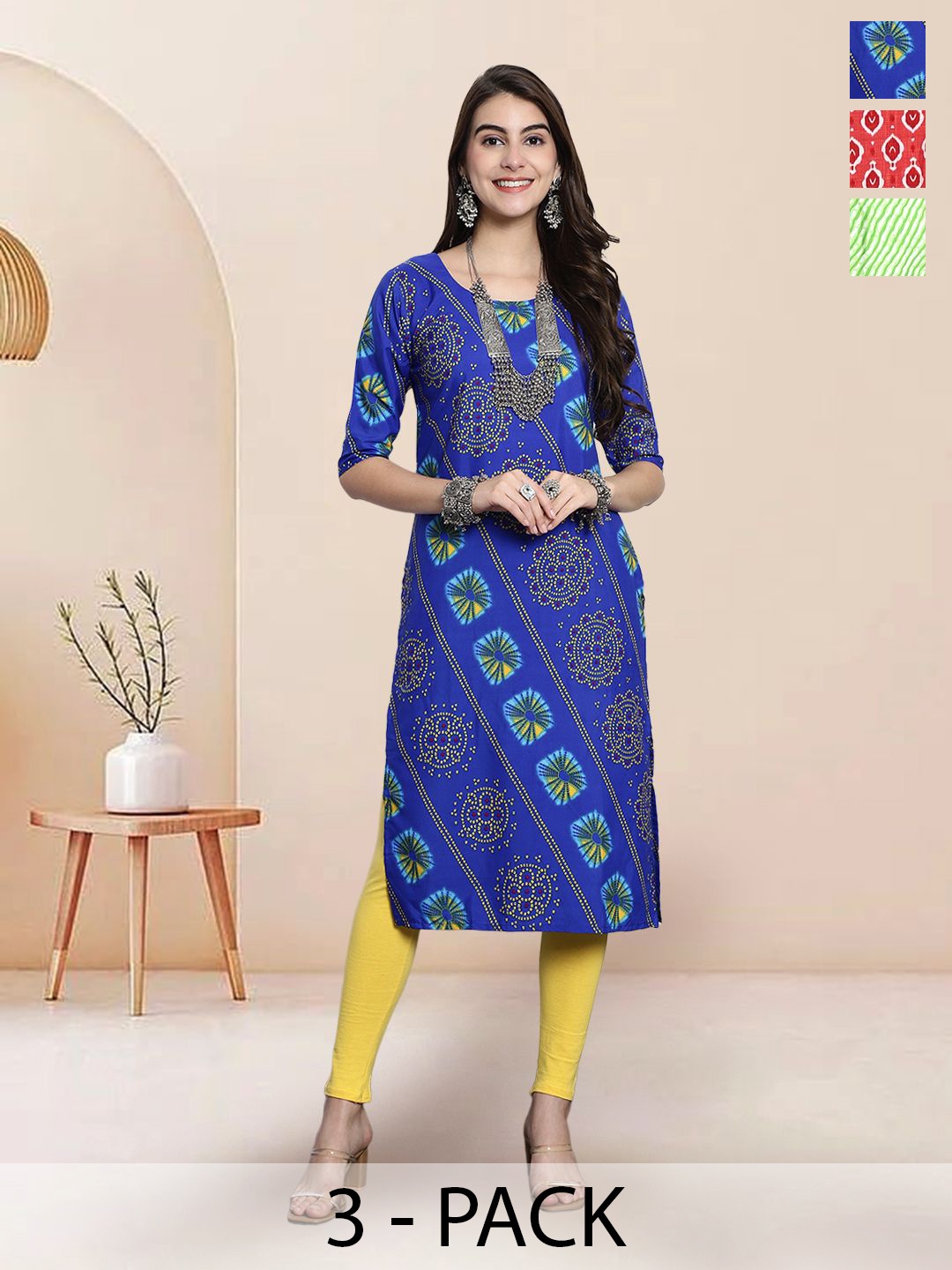 

7Threads Selection Of 3 Ethnic Motifs Printed Round Neck Straight Kurtas, Blue