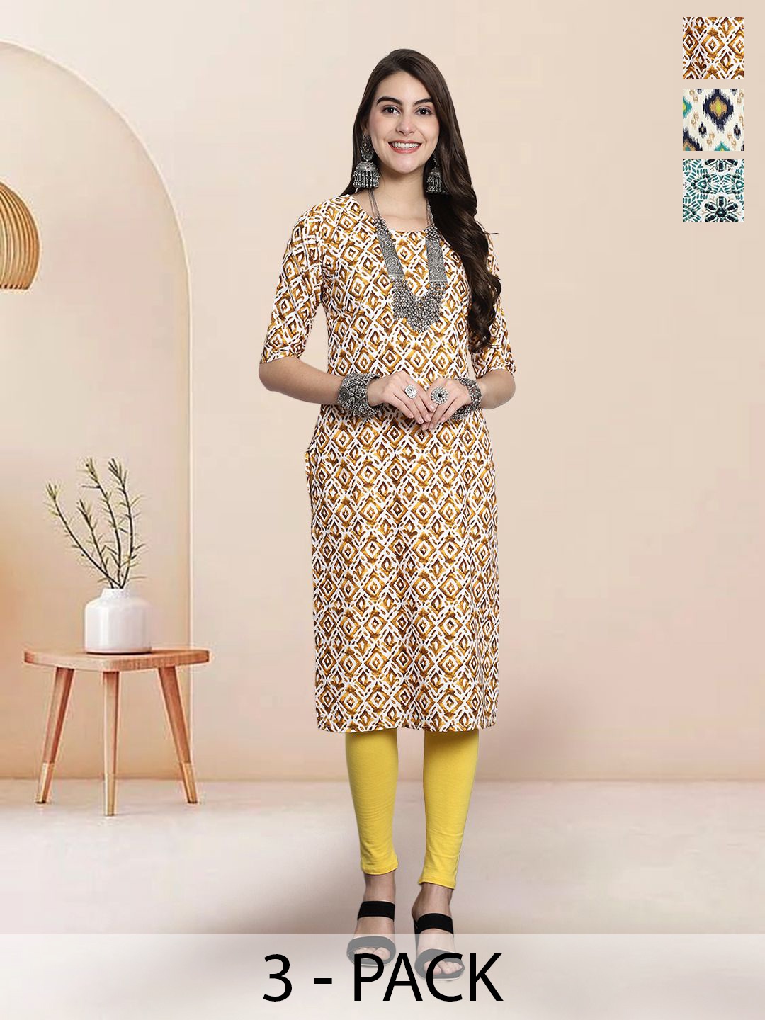 

7Threads Selection Of 3 Geometric Printed Round Neck Straight Kurtas, Yellow