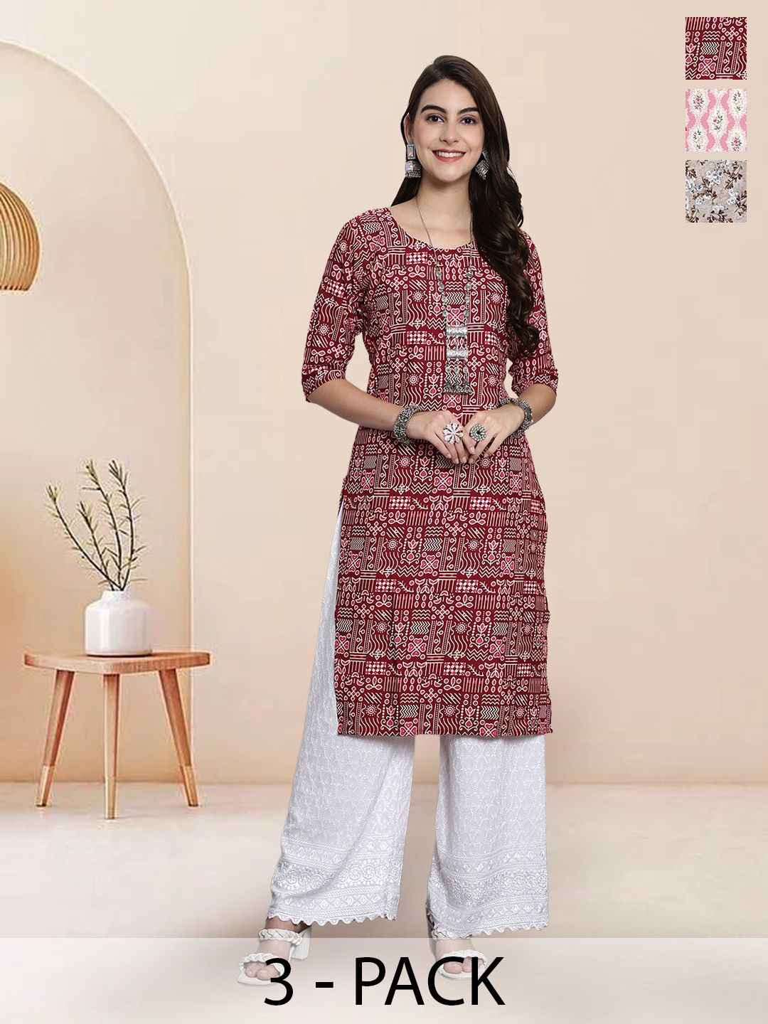 

7Threads Selection Of 4 Ethnic Motifs Printed Round Neck Straight Kurtas, Maroon