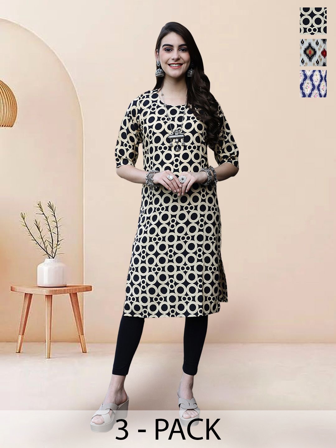 

7Threads Selection Of 3 Geometric Printed Round Neck Straight Kurtas, Black