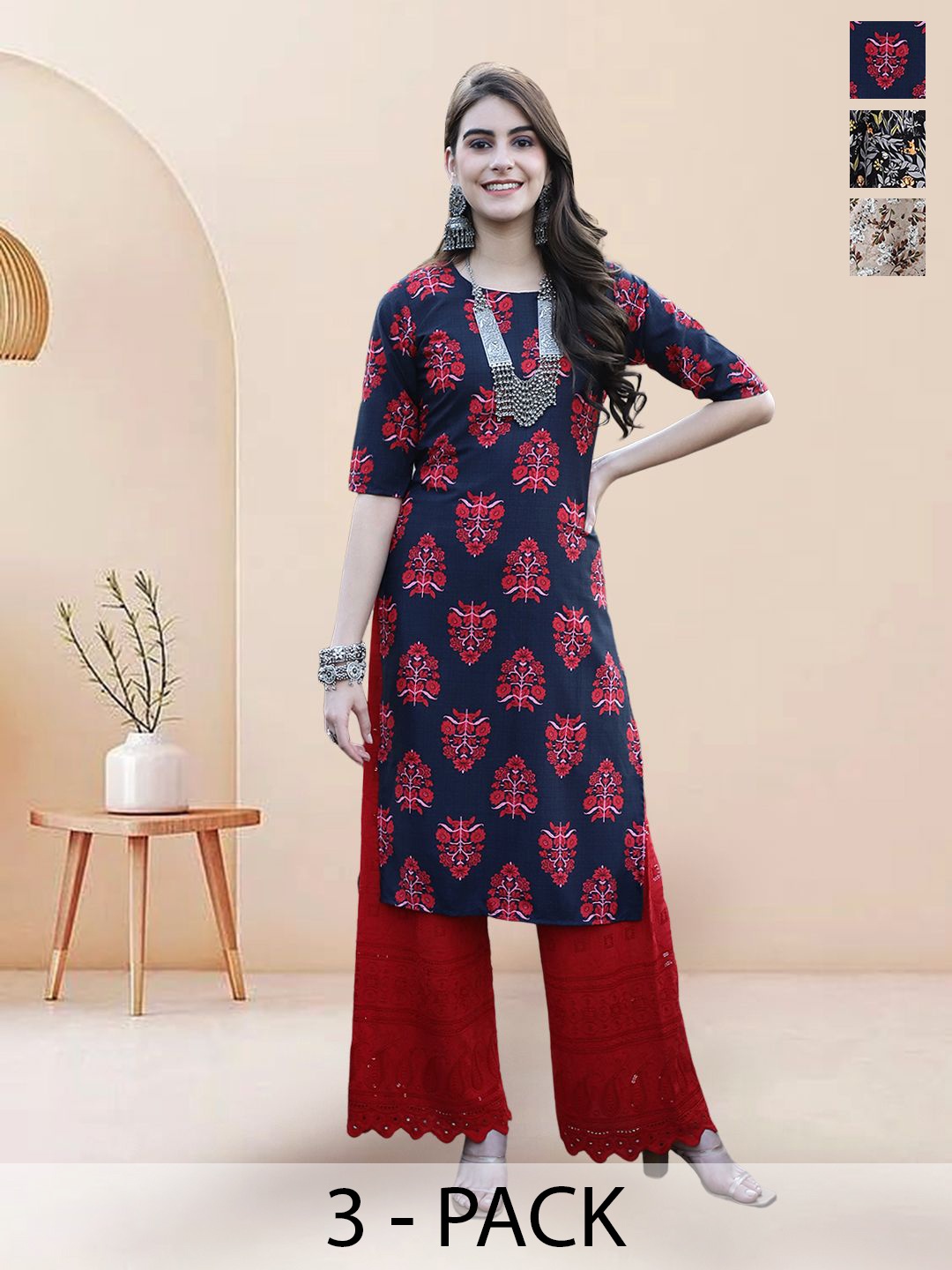 

7Threads Selection of 3 Floral Printed Round Neck Straight Kurtas, Navy blue