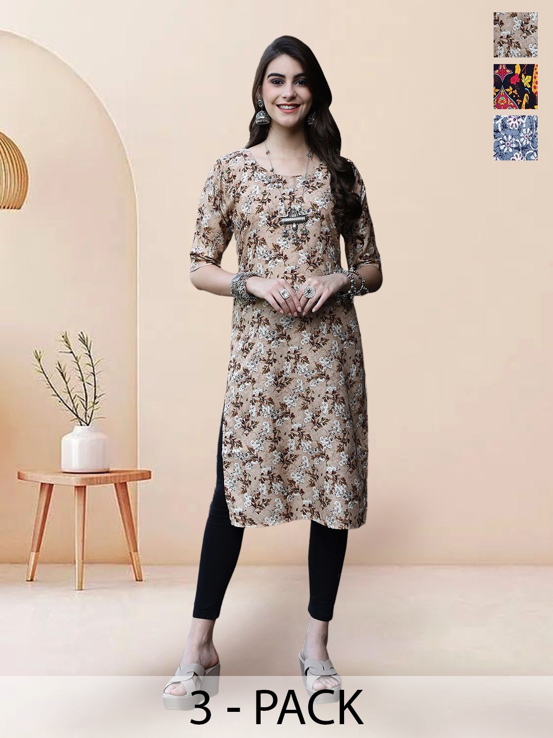 

7Threads Selection of 3 Floral Printed Round Neck Straight Kurtas, Beige