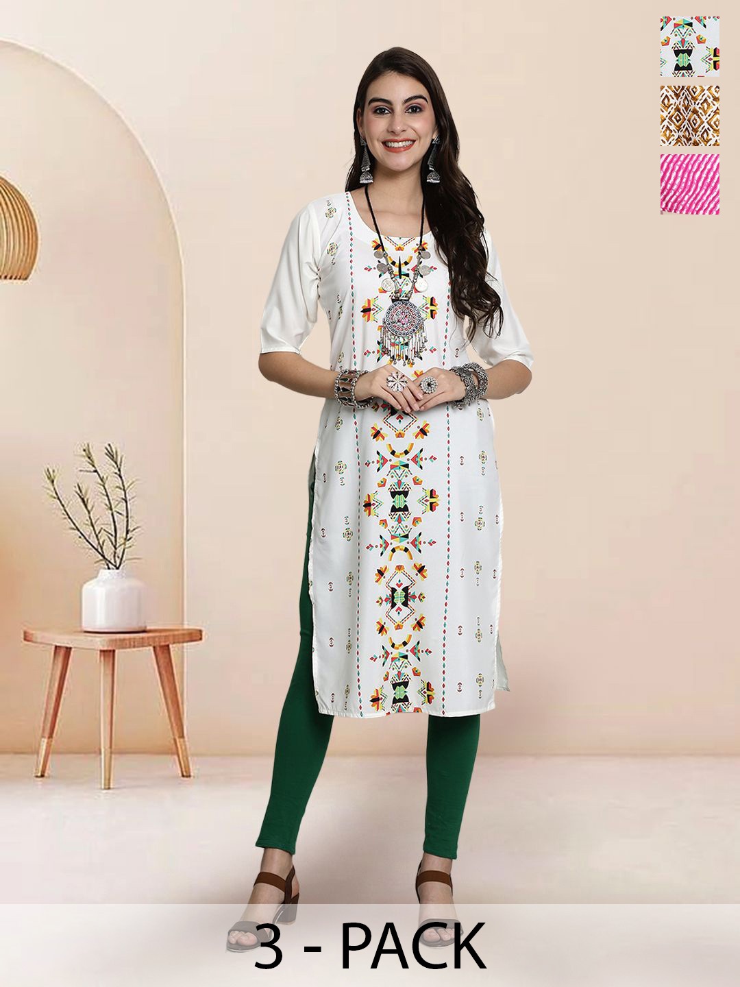 

7Threads Selection Of 3 Geometric Printed Straight Kurtas, White