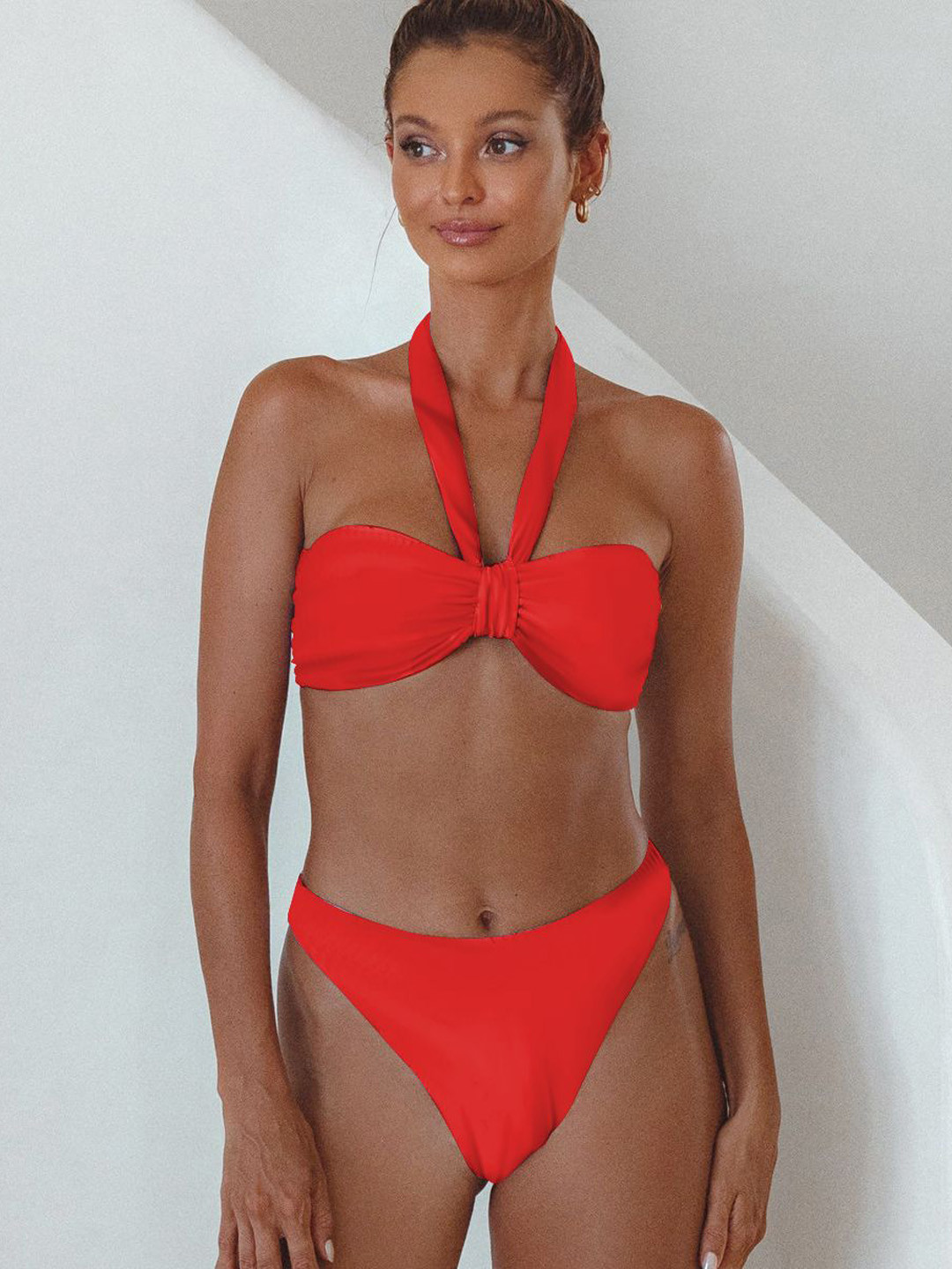 

FIMBUL Halter Neck Textured Halter Neck Swim Bikini Set, Red